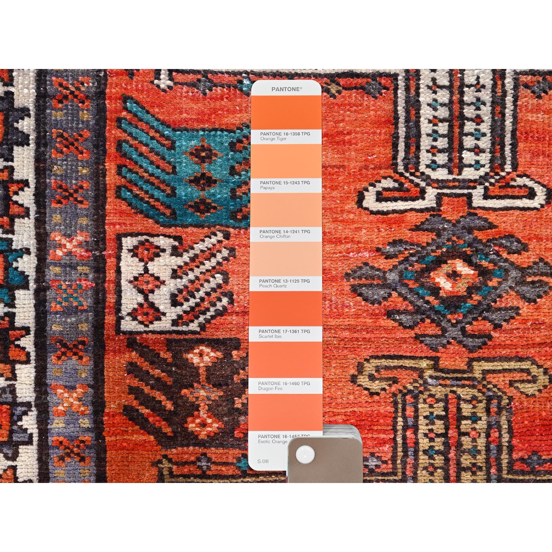 3'5"x9'8" Sunset Dragon Fire Orange, Semi Antique Persian Heriz, Cleaned, Sides and Ends Professionally Secured, Good Condition, Hand Knotted Distressed Natural Wool Wide and Long Runner Oriental Rug HR85989 - Image 4
