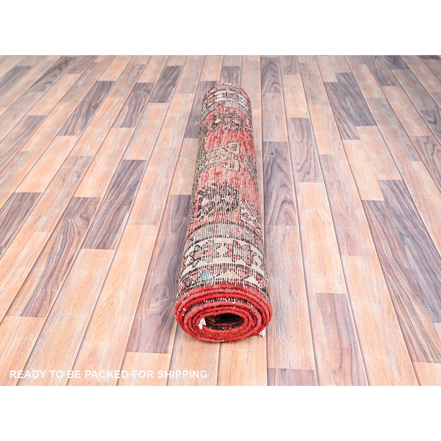 3'5"x9'8" Sunset Dragon Fire Orange, Semi Antique Persian Heriz, Cleaned, Sides and Ends Professionally Secured, Good Condition, Hand Knotted Distressed Natural Wool Wide and Long Runner Oriental Rug HR85989 - Image 5