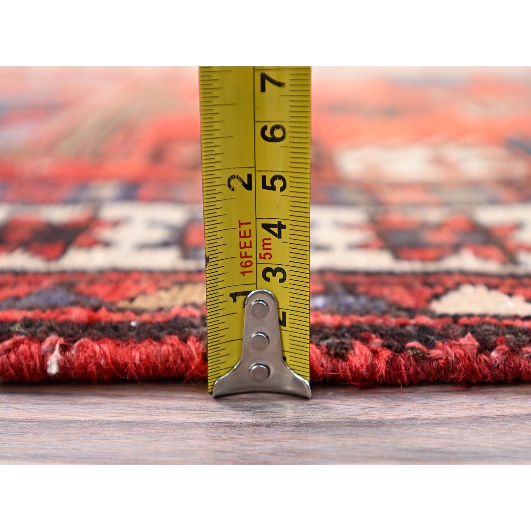 3'5"x9'8" Sunset Dragon Fire Orange, Semi Antique Persian Heriz, Cleaned, Sides and Ends Professionally Secured, Good Condition, Hand Knotted Distressed Natural Wool Wide and Long Runner Oriental Rug HR85989 - Image 6