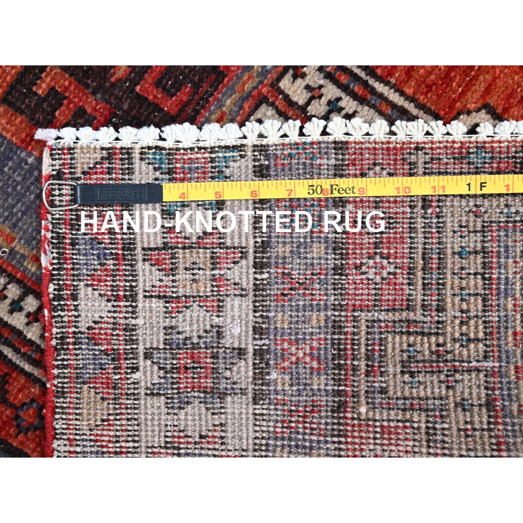 3'5"x9'8" Sunset Dragon Fire Orange, Semi Antique Persian Heriz, Cleaned, Sides and Ends Professionally Secured, Good Condition, Hand Knotted Distressed Natural Wool Wide and Long Runner Oriental Rug HR85989 - Image 7