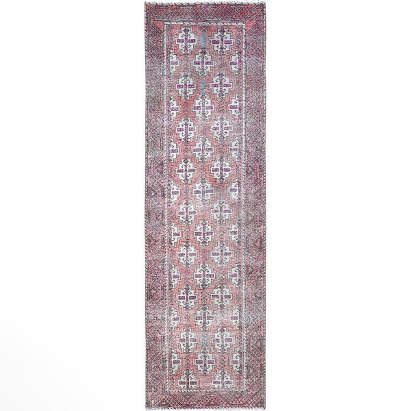 3'2"x10'9" Fruit Dove Pink, Sheared Low, Hand Knotted Semi Antique Persian Baluch Village Design, Abrash, Evenly Worn, Distressed and Professionally Cleaned, Sides and Ends Secured, Soft Wool Cropped Thin, Wide and Long Runner Oriental Rug HR86007