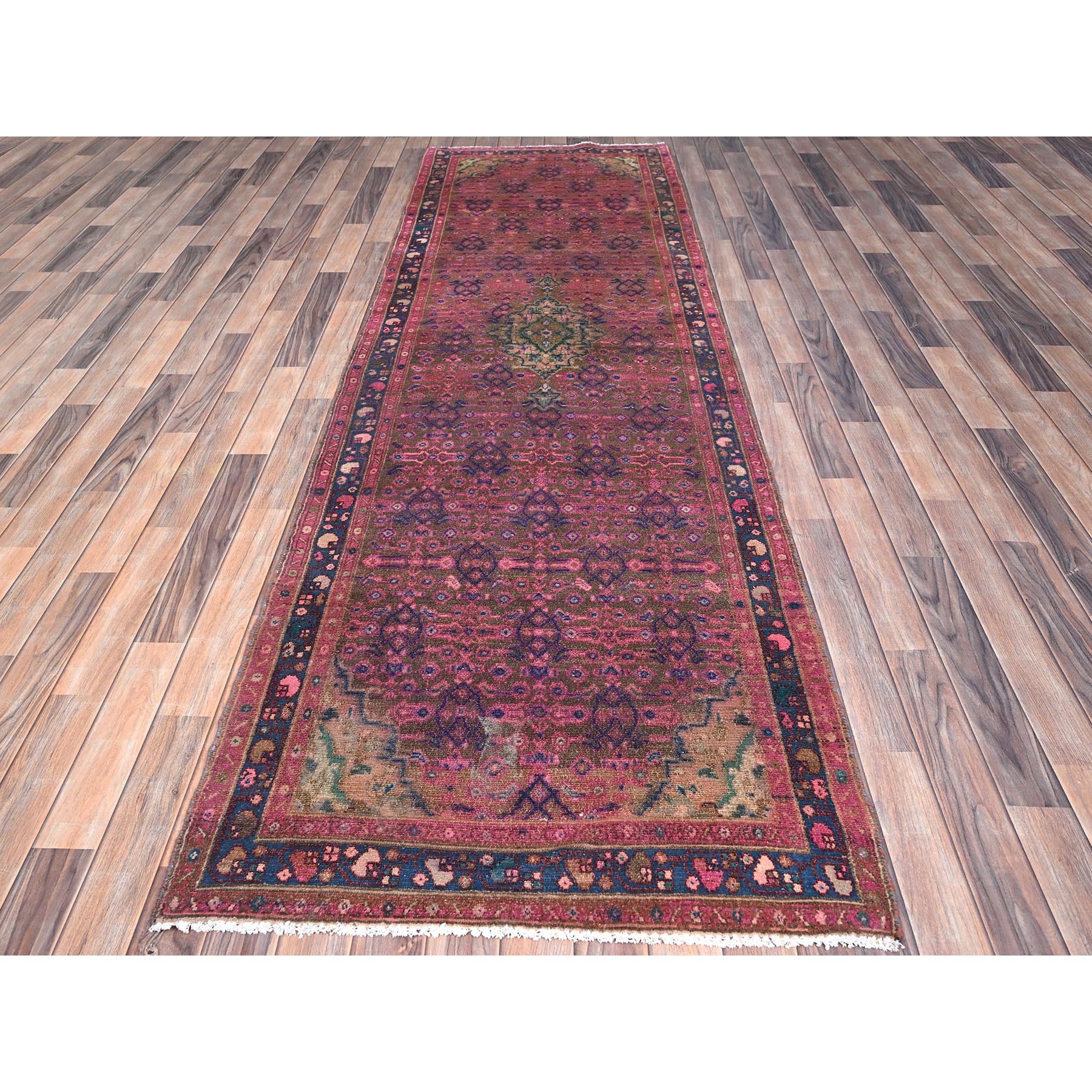 3'4"x10'8" Dahlia Mauve Purple, Overdyed, Hand Knotted Old Persian Hamadan, Good Condition Evenly Worn 100% Wool, Sides and Ends Professionally Secured and Cleaned, Oriental Distressed Look Wide and Long Runner Rug HR86015 - Image 2