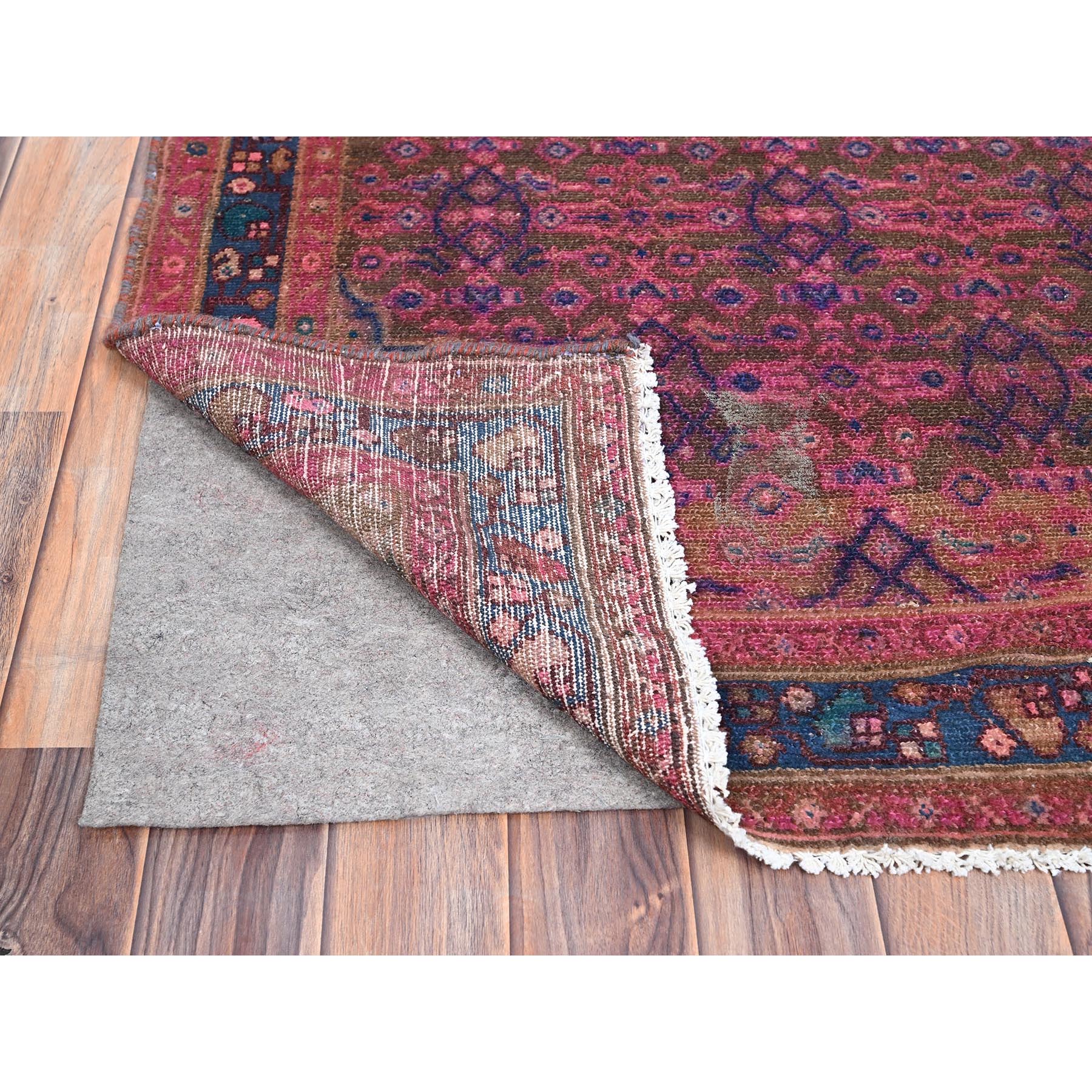 3'4"x10'8" Dahlia Mauve Purple, Overdyed, Hand Knotted Old Persian Hamadan, Good Condition Evenly Worn 100% Wool, Sides and Ends Professionally Secured and Cleaned, Oriental Distressed Look Wide and Long Runner Rug HR86015 - Image 3