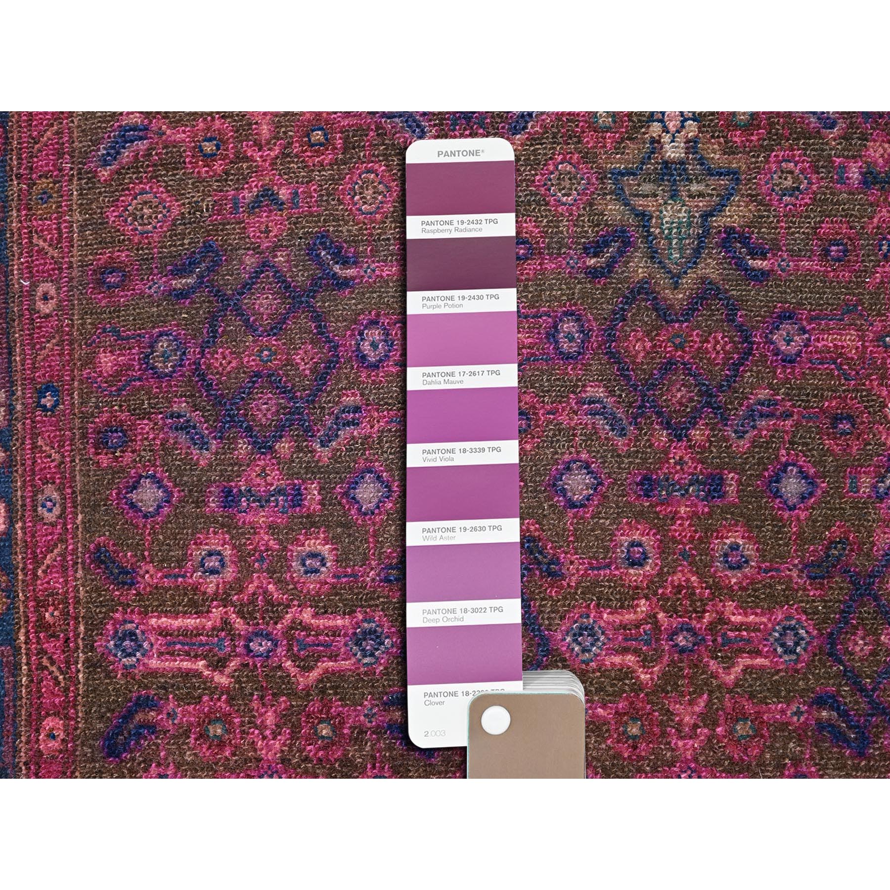 3'4"x10'8" Dahlia Mauve Purple, Overdyed, Hand Knotted Old Persian Hamadan, Good Condition Evenly Worn 100% Wool, Sides and Ends Professionally Secured and Cleaned, Oriental Distressed Look Wide and Long Runner Rug HR86015 - Image 4