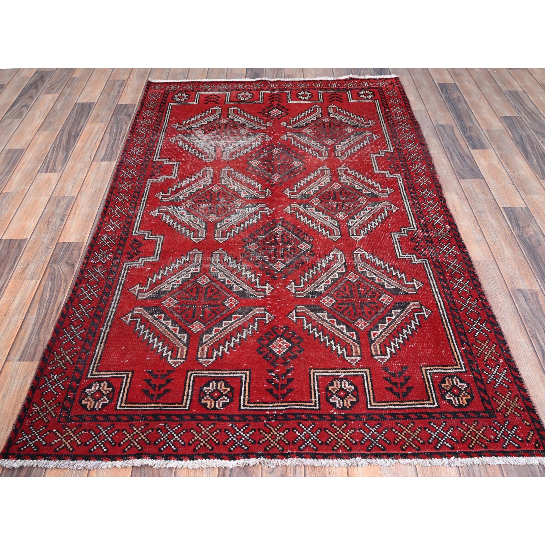 4'x6'5" Tomato Red, Hand Knotted 100% Wool Vintage Persian Baluch, Abrash, Evenly Worn Sheared Low, Distressed and Sides and Ends Secured, Professionally Cleaned, Cropped Thin, Oriental Rug HR86068 - Image 2