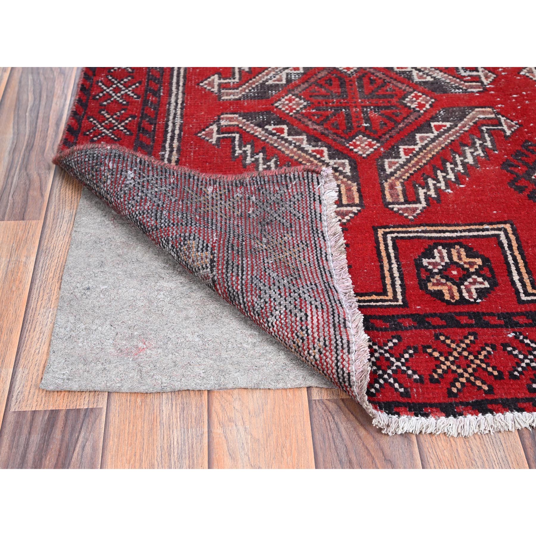 4'x6'5" Tomato Red, Hand Knotted 100% Wool Vintage Persian Baluch, Abrash, Evenly Worn Sheared Low, Distressed and Sides and Ends Secured, Professionally Cleaned, Cropped Thin, Oriental Rug HR86068 - Image 3
