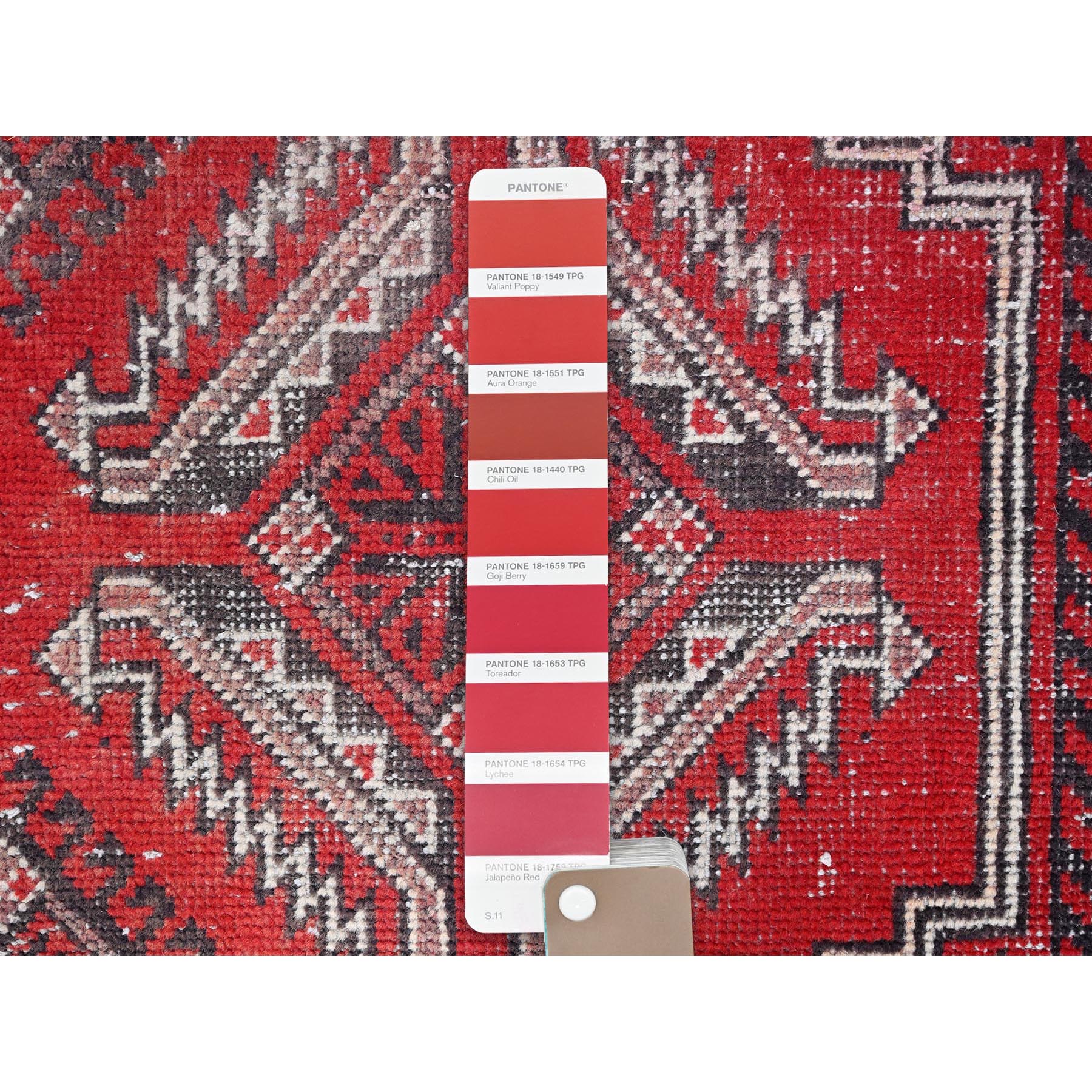 4'x6'5" Tomato Red, Hand Knotted 100% Wool Vintage Persian Baluch, Abrash, Evenly Worn Sheared Low, Distressed and Sides and Ends Secured, Professionally Cleaned, Cropped Thin, Oriental Rug HR86068 - Image 4