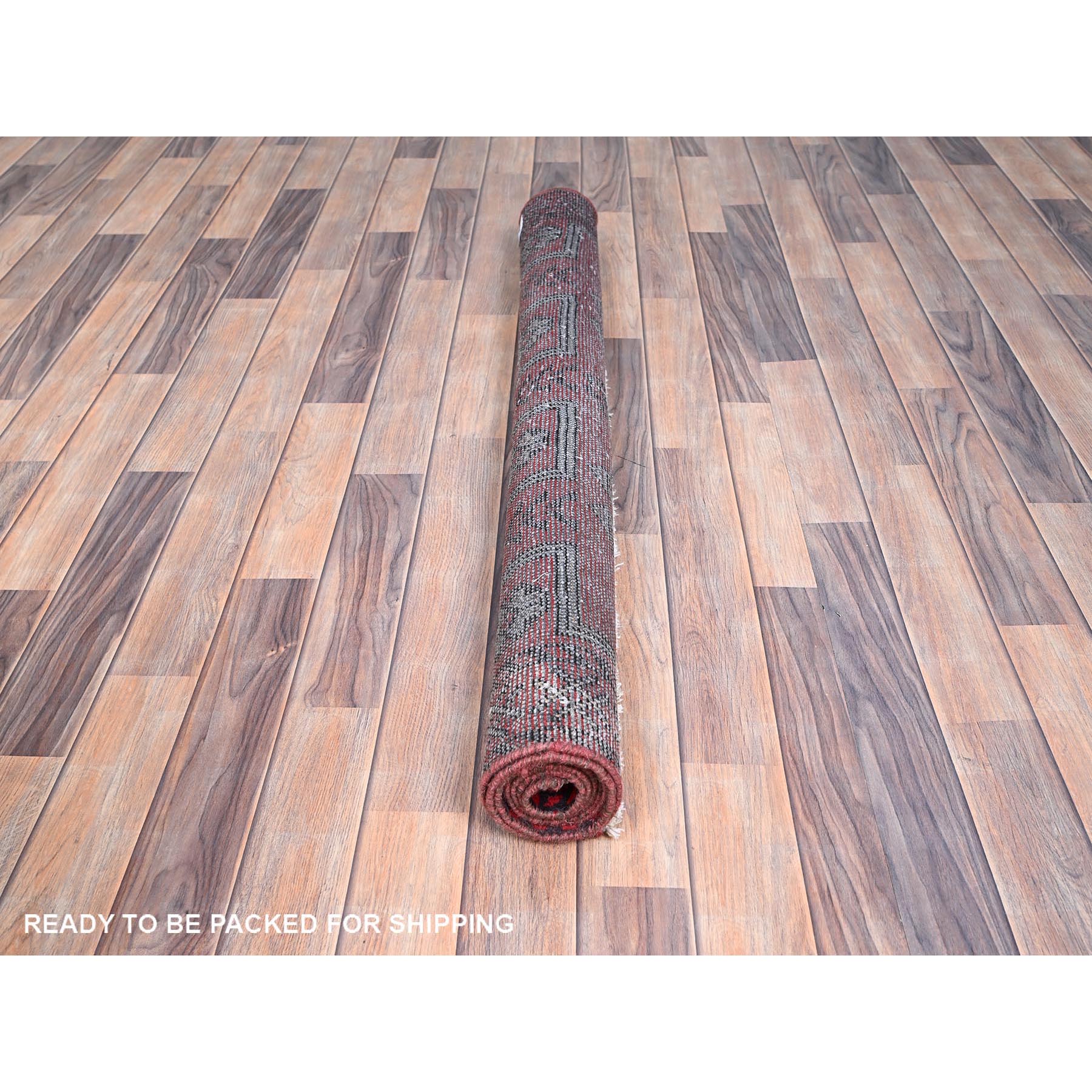 4'x6'5" Tomato Red, Hand Knotted 100% Wool Vintage Persian Baluch, Abrash, Evenly Worn Sheared Low, Distressed and Sides and Ends Secured, Professionally Cleaned, Cropped Thin, Oriental Rug HR86068 - Image 5
