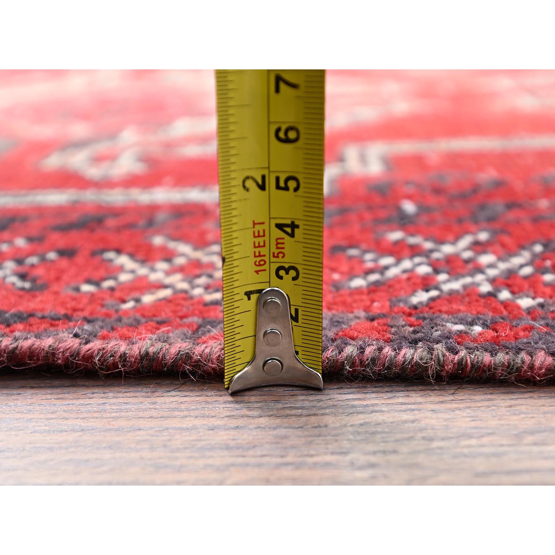 4'x6'5" Tomato Red, Hand Knotted 100% Wool Vintage Persian Baluch, Abrash, Evenly Worn Sheared Low, Distressed and Sides and Ends Secured, Professionally Cleaned, Cropped Thin, Oriental Rug HR86068 - Image 6
