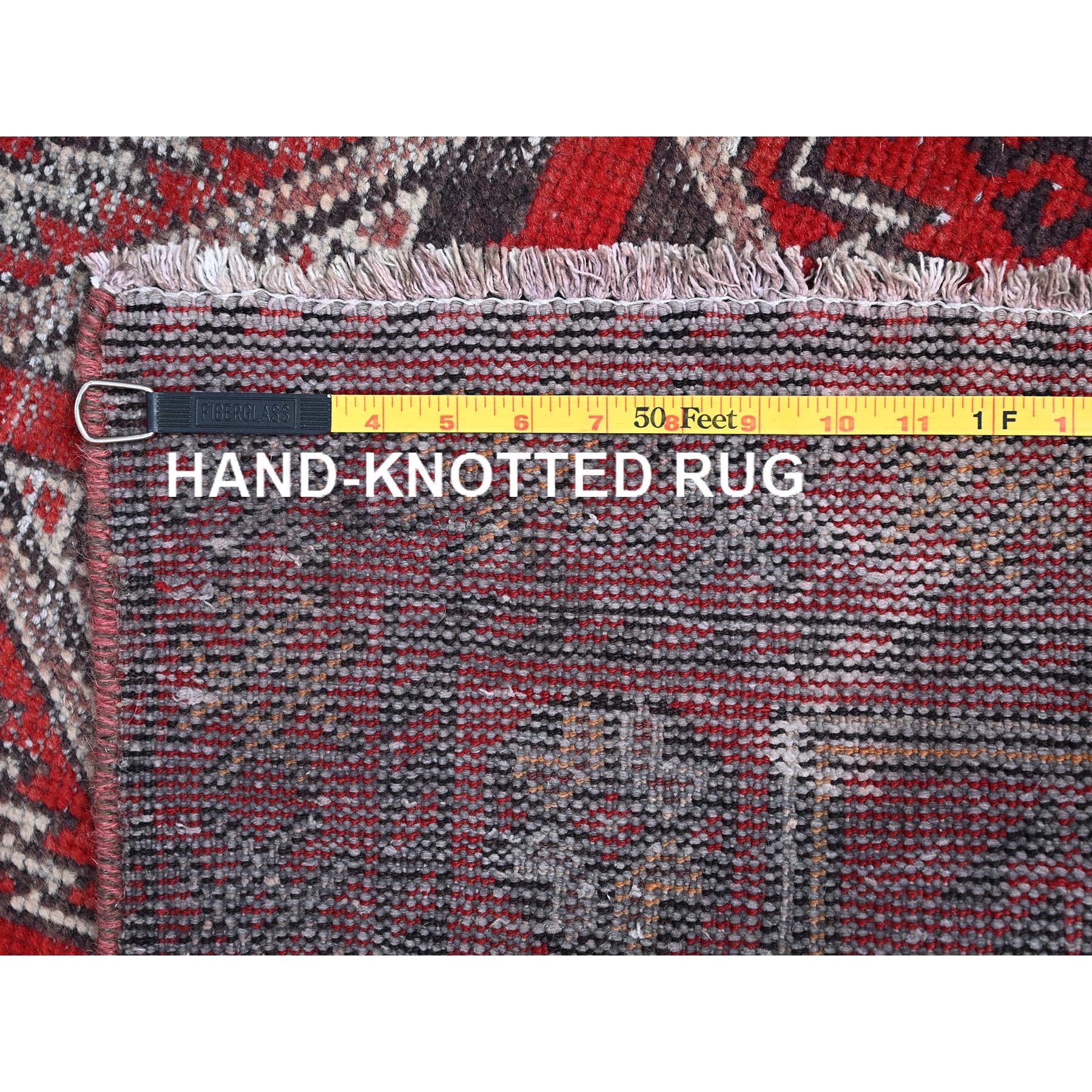 4'x6'5" Tomato Red, Hand Knotted 100% Wool Vintage Persian Baluch, Abrash, Evenly Worn Sheared Low, Distressed and Sides and Ends Secured, Professionally Cleaned, Cropped Thin, Oriental Rug HR86068 - Image 7