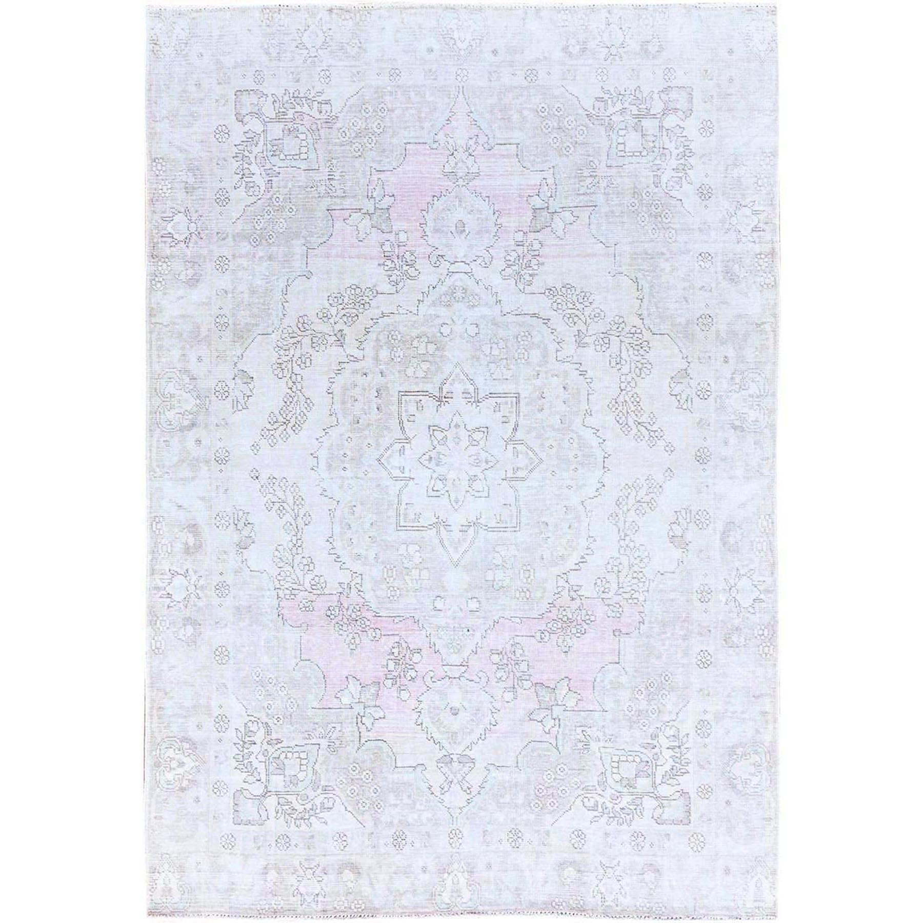 6'2"x8'8" Origami White, White Wash Vintage Persian Tabriz With Pink Highlights, Seared Low, Cropped Thin, Good Condition, Sides and Ends Professionally Secured, Cleaned, Hand Knotted Evenly Worn 100% Wool, Oriental Rug HR86097