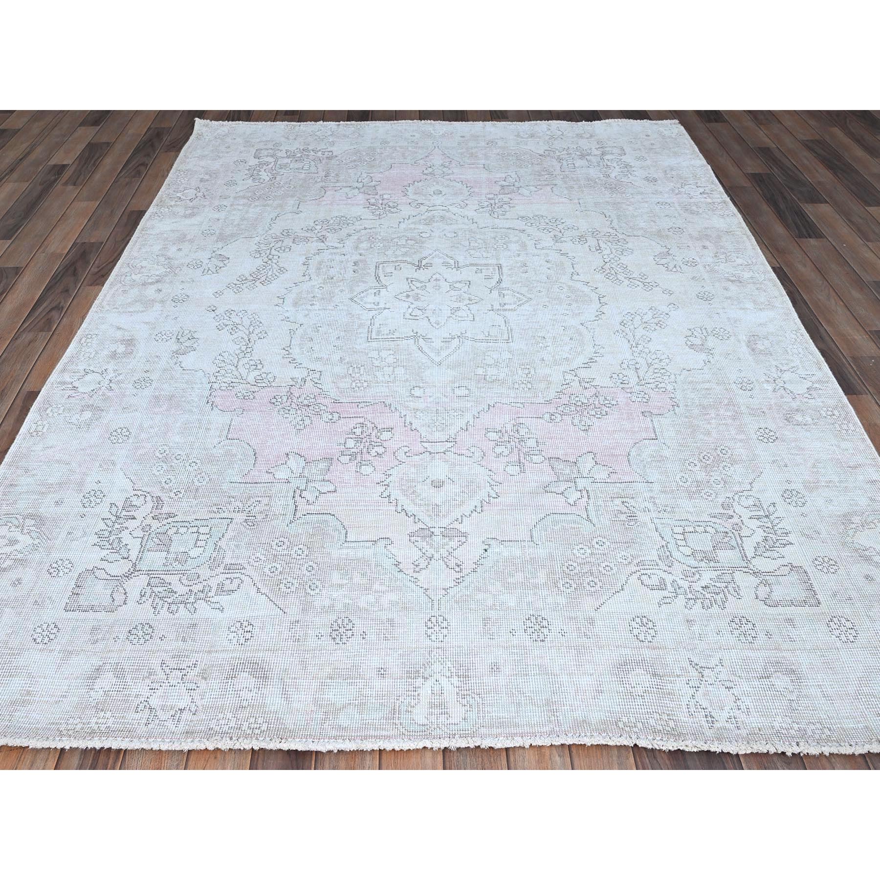 6'2"x8'8" Origami White, White Wash Vintage Persian Tabriz With Pink Highlights, Seared Low, Cropped Thin, Good Condition, Sides and Ends Professionally Secured, Cleaned, Hand Knotted Evenly Worn 100% Wool, Oriental Rug HR86097 - Image 3