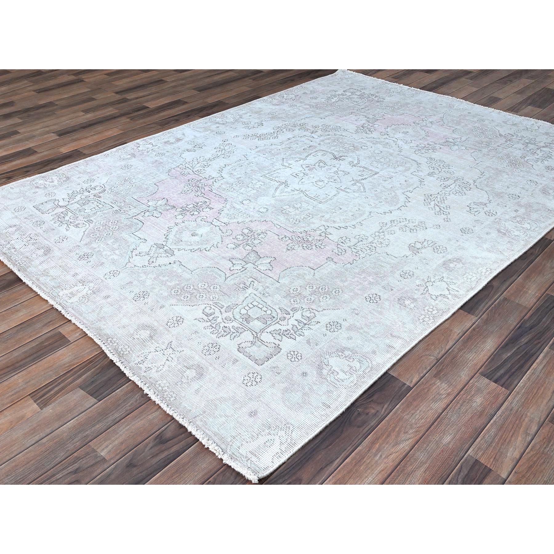 6'2"x8'8" Origami White, White Wash Vintage Persian Tabriz With Pink Highlights, Seared Low, Cropped Thin, Good Condition, Sides and Ends Professionally Secured, Cleaned, Hand Knotted Evenly Worn 100% Wool, Oriental Rug HR86097 - Image 4