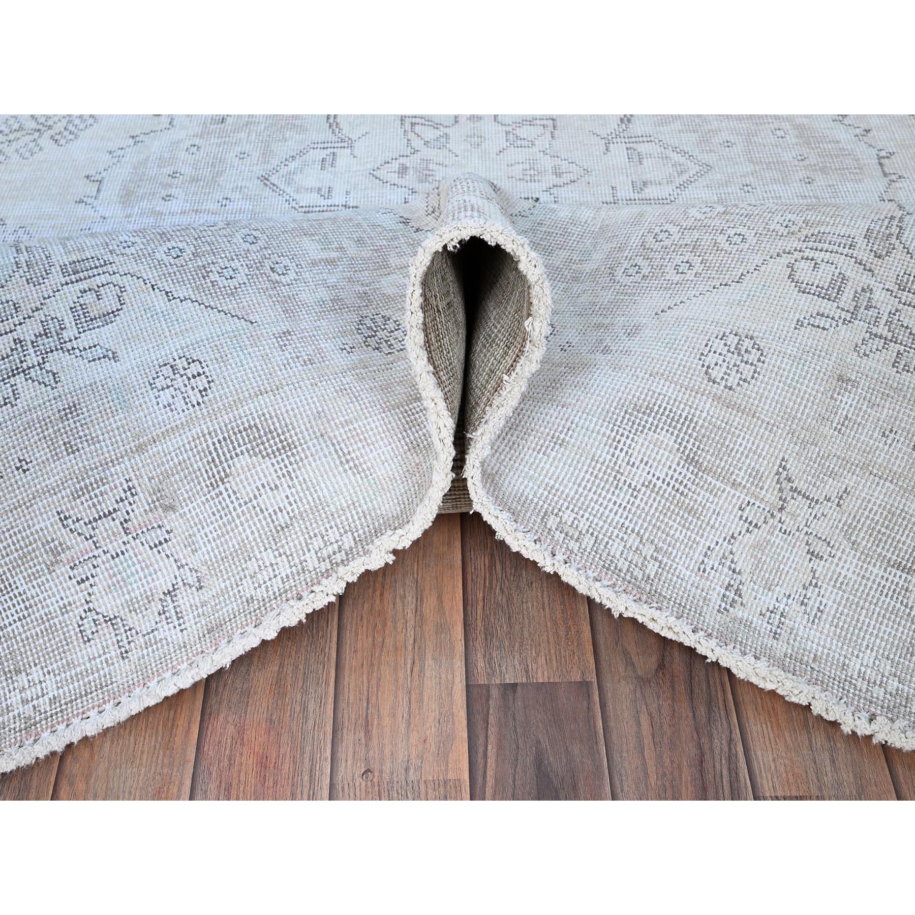 6'2"x8'8" Origami White, White Wash Vintage Persian Tabriz With Pink Highlights, Seared Low, Cropped Thin, Good Condition, Sides and Ends Professionally Secured, Cleaned, Hand Knotted Evenly Worn 100% Wool, Oriental Rug HR86097 - Image 6