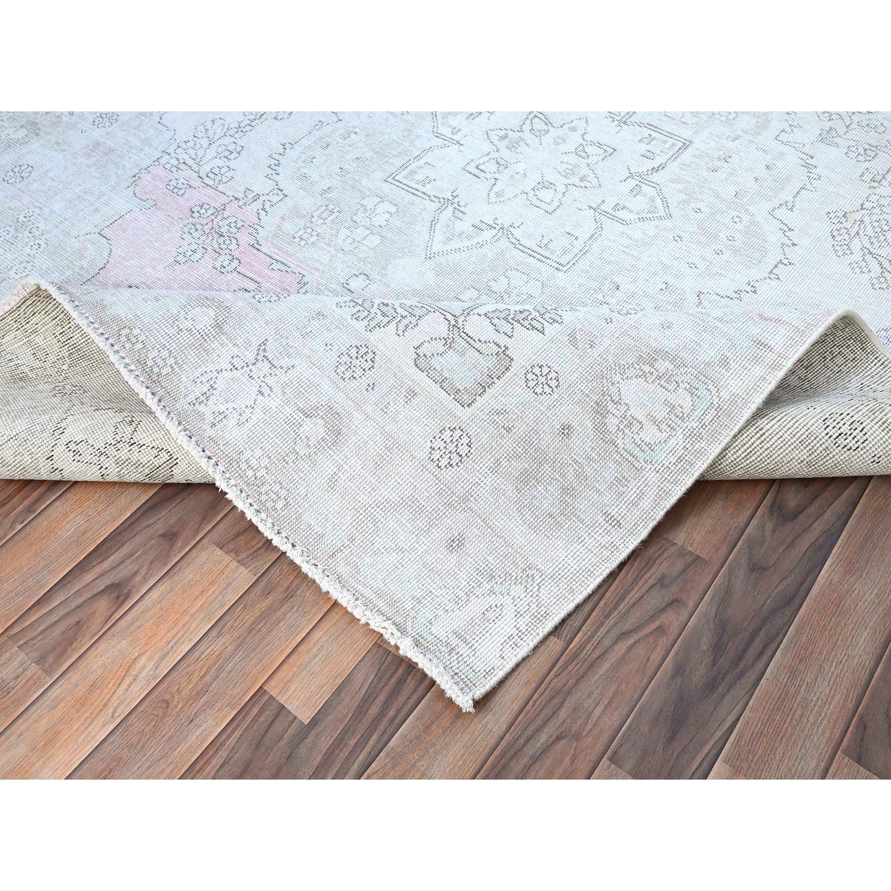 6'2"x8'8" Origami White, White Wash Vintage Persian Tabriz With Pink Highlights, Seared Low, Cropped Thin, Good Condition, Sides and Ends Professionally Secured, Cleaned, Hand Knotted Evenly Worn 100% Wool, Oriental Rug HR86097 - Image 7