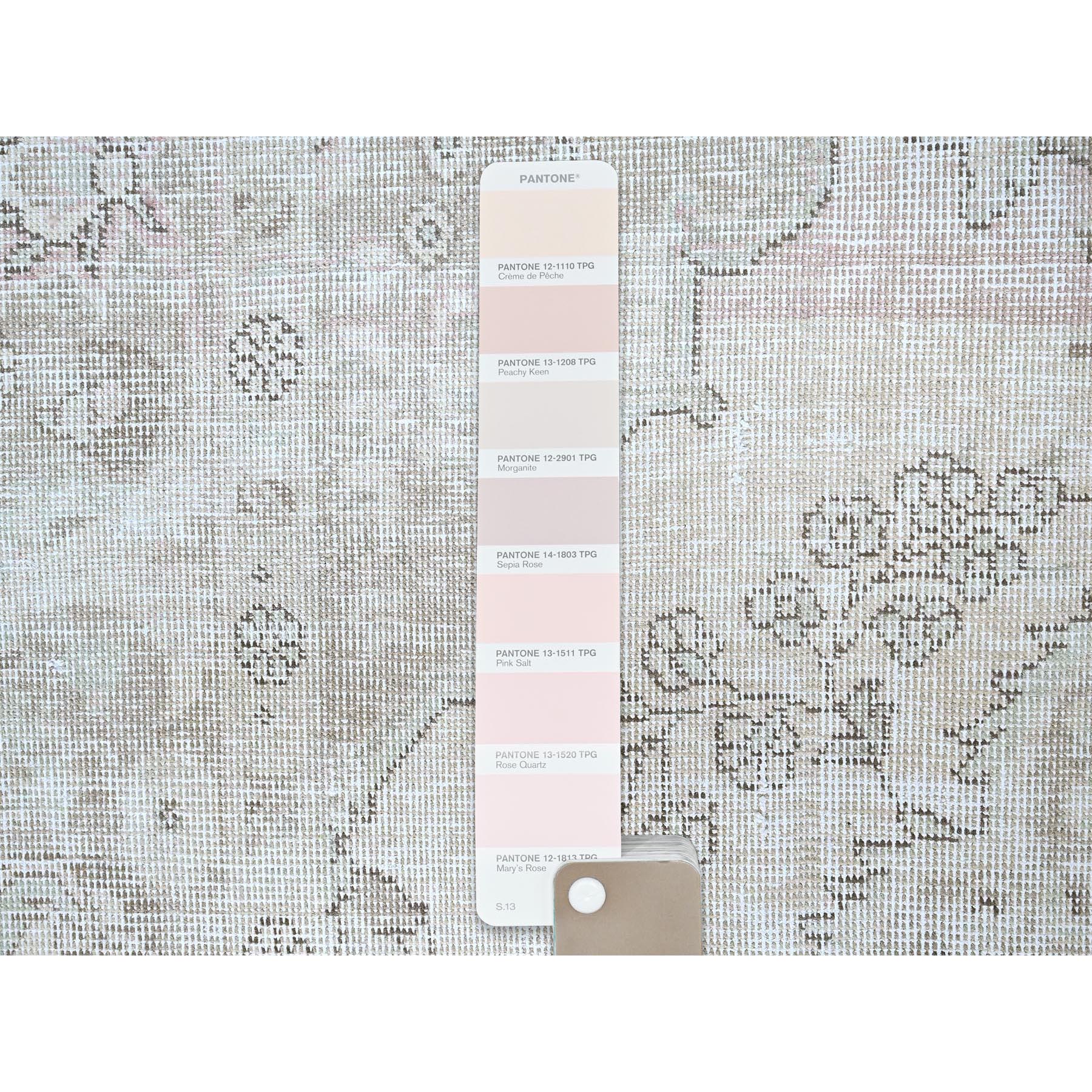 6'2"x8'8" Origami White, White Wash Vintage Persian Tabriz With Pink Highlights, Seared Low, Cropped Thin, Good Condition, Sides and Ends Professionally Secured, Cleaned, Hand Knotted Evenly Worn 100% Wool, Oriental Rug HR86097 - Image 8