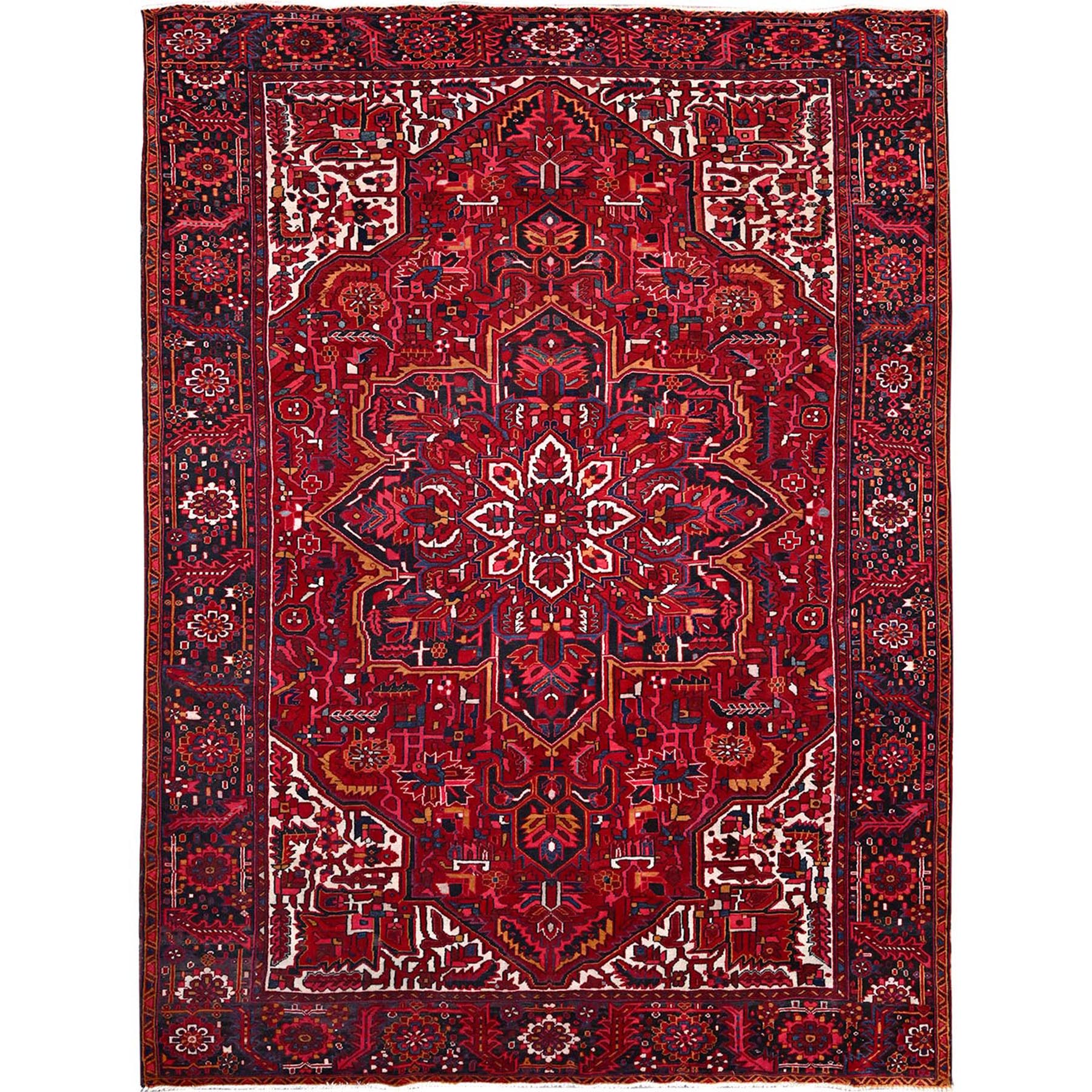 9'7"x12'6" Dutch Tulip Red, Semi Antique Hand Knotted With Porcelain White Corners Persian Heriz Design, Shiny wool Excellent Condition, Oriental Rug HR86143