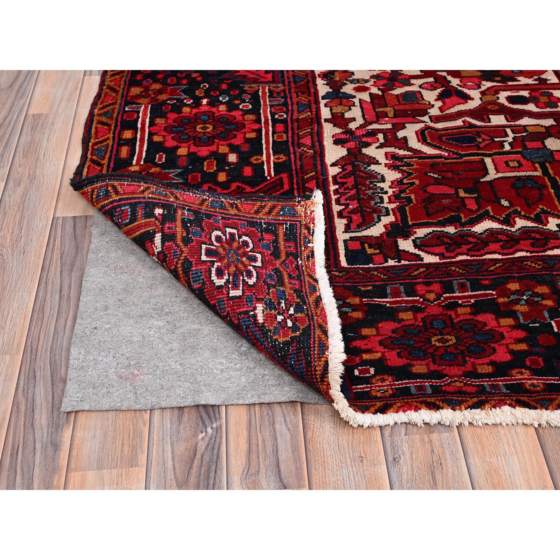9'7"x12'6" Dutch Tulip Red, Semi Antique Hand Knotted With Porcelain White Corners Persian Heriz Design, Shiny wool Excellent Condition, Oriental Rug HR86143 - Image 5
