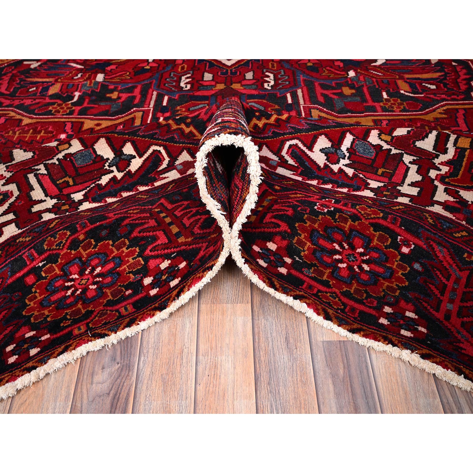 9'7"x12'6" Dutch Tulip Red, Semi Antique Hand Knotted With Porcelain White Corners Persian Heriz Design, Shiny wool Excellent Condition, Oriental Rug HR86143 - Image 6