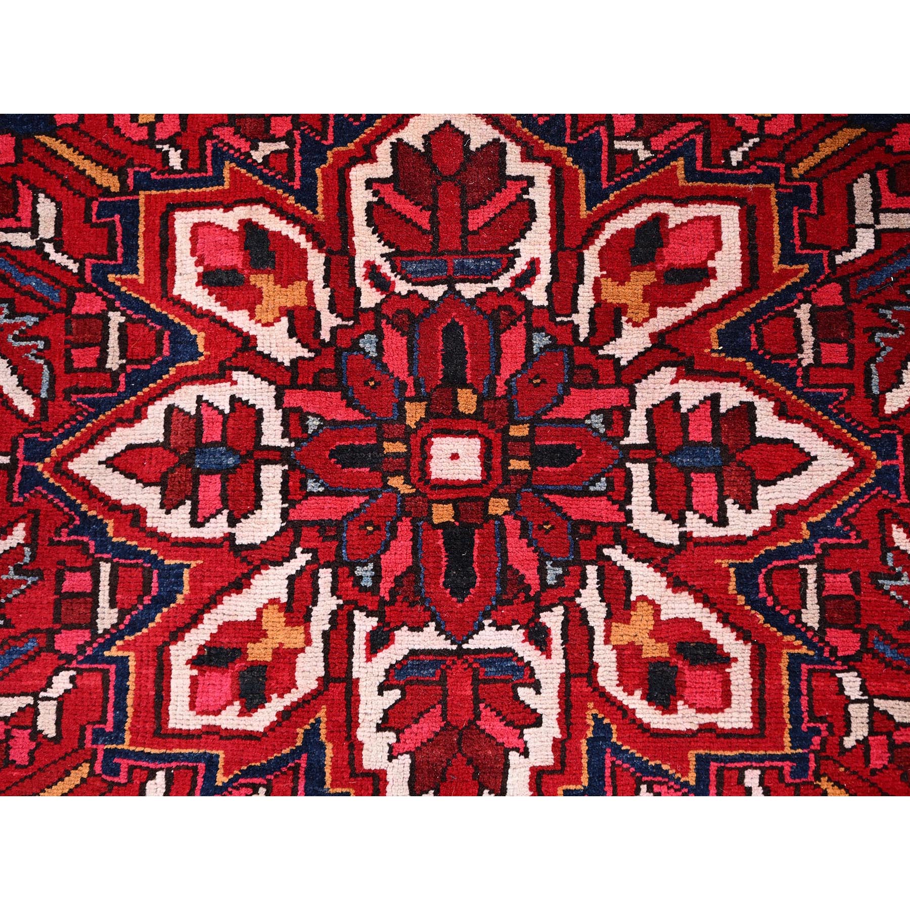 9'7"x12'6" Dutch Tulip Red, Semi Antique Hand Knotted With Porcelain White Corners Persian Heriz Design, Shiny wool Excellent Condition, Oriental Rug HR86143 - Image 9