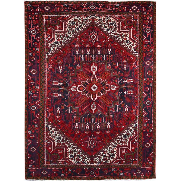7'1"x9'6" Lusty Red With Brewers Blue, Cleaned and Secured Sides and Ends, Vivid and Shiny Wool, Great Condition Hand Knotted Vintage Persian Heriz Oriental rug HR86174