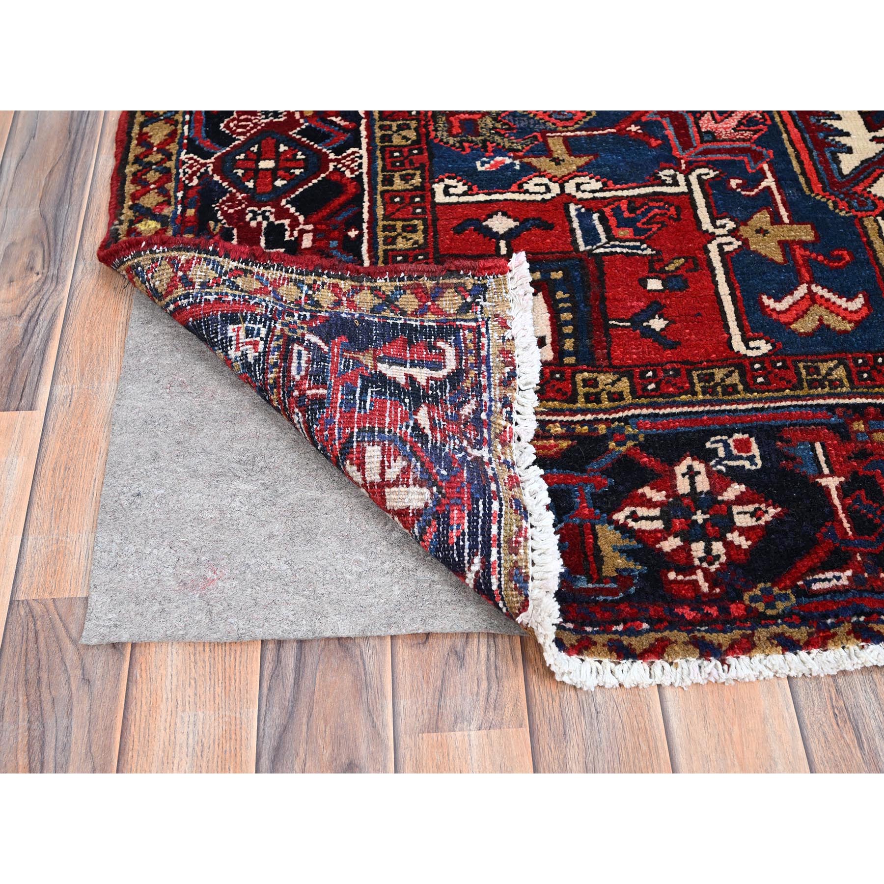 9'x11'3" Locomotive Red, Semi Antique Heriz Persian Charming Village Design With Diamond On a Square Medallion, Full Pile, Sides and Ends Professionally Cleaned and Secured, Soft and Vibrant Wool, Oriental Rug HR86177 - Image 5