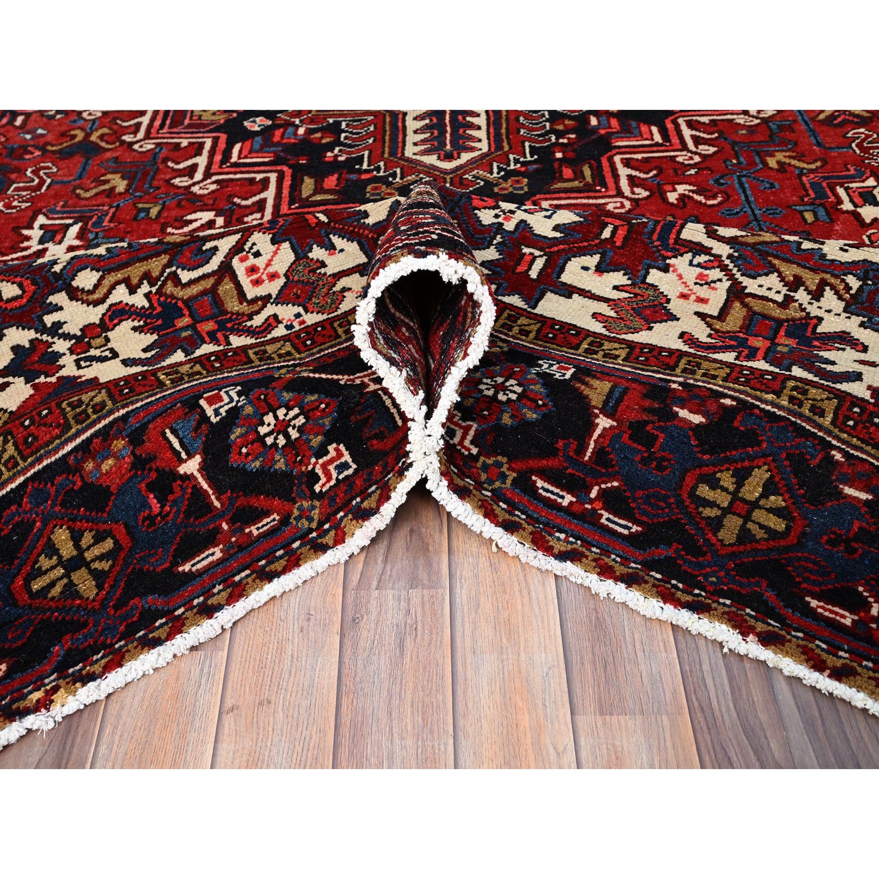 9'x11'3" Locomotive Red, Semi Antique Heriz Persian Charming Village Design With Diamond On a Square Medallion, Full Pile, Sides and Ends Professionally Cleaned and Secured, Soft and Vibrant Wool, Oriental Rug HR86177 - Image 6