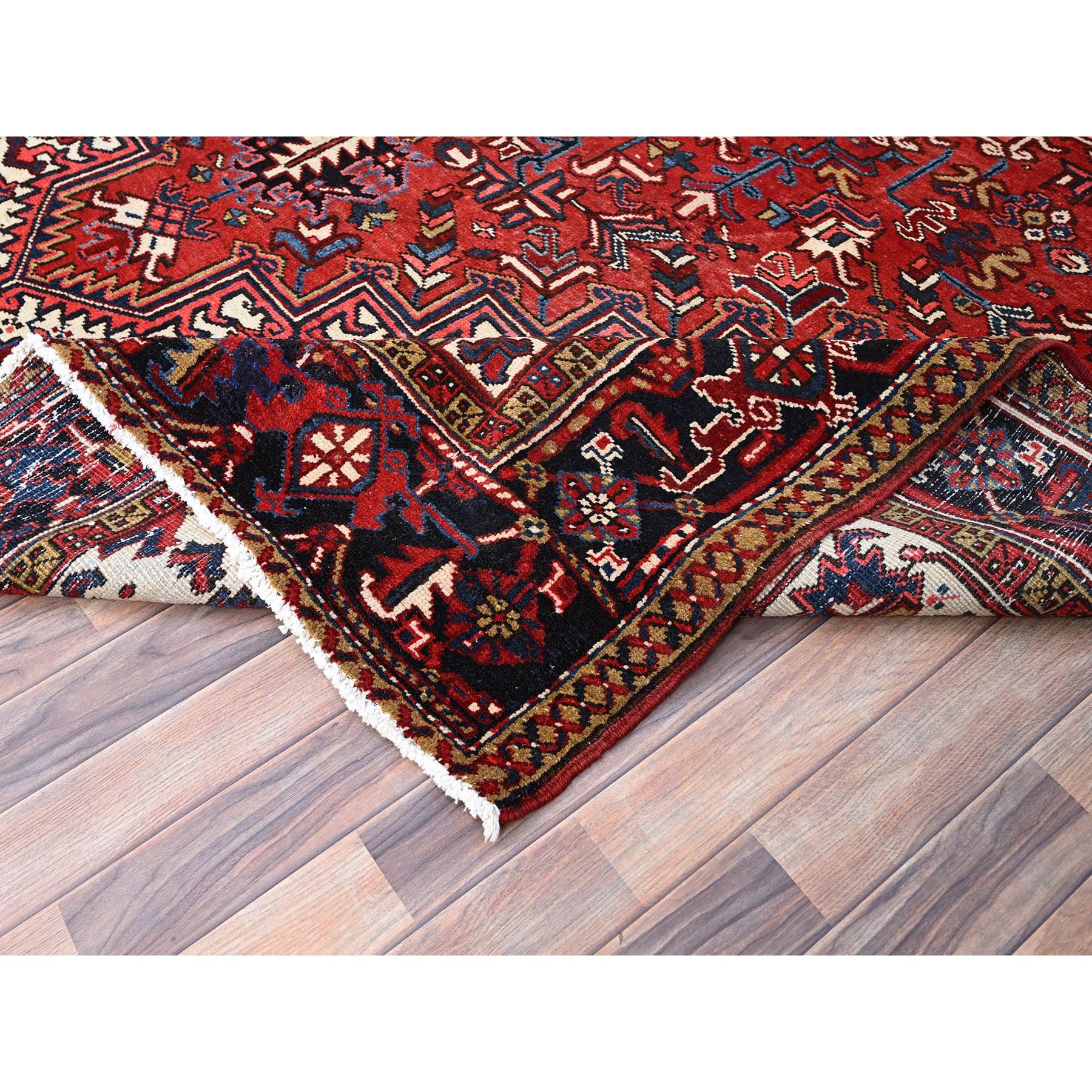 9'x11'3" Locomotive Red, Semi Antique Heriz Persian Charming Village Design With Diamond On a Square Medallion, Full Pile, Sides and Ends Professionally Cleaned and Secured, Soft and Vibrant Wool, Oriental Rug HR86177 - Image 7