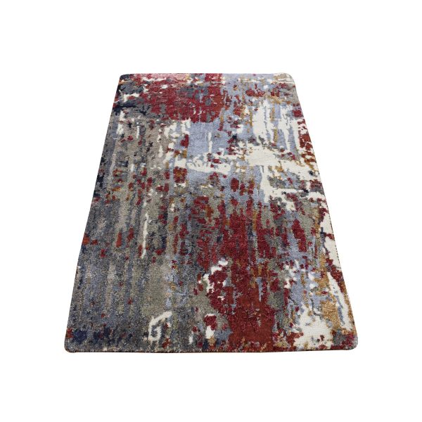 2'x3' Cloud Gray, Abstract Design, Wool and Silk, Hand Knotted, Sample Mat Oriental Rug HR87787