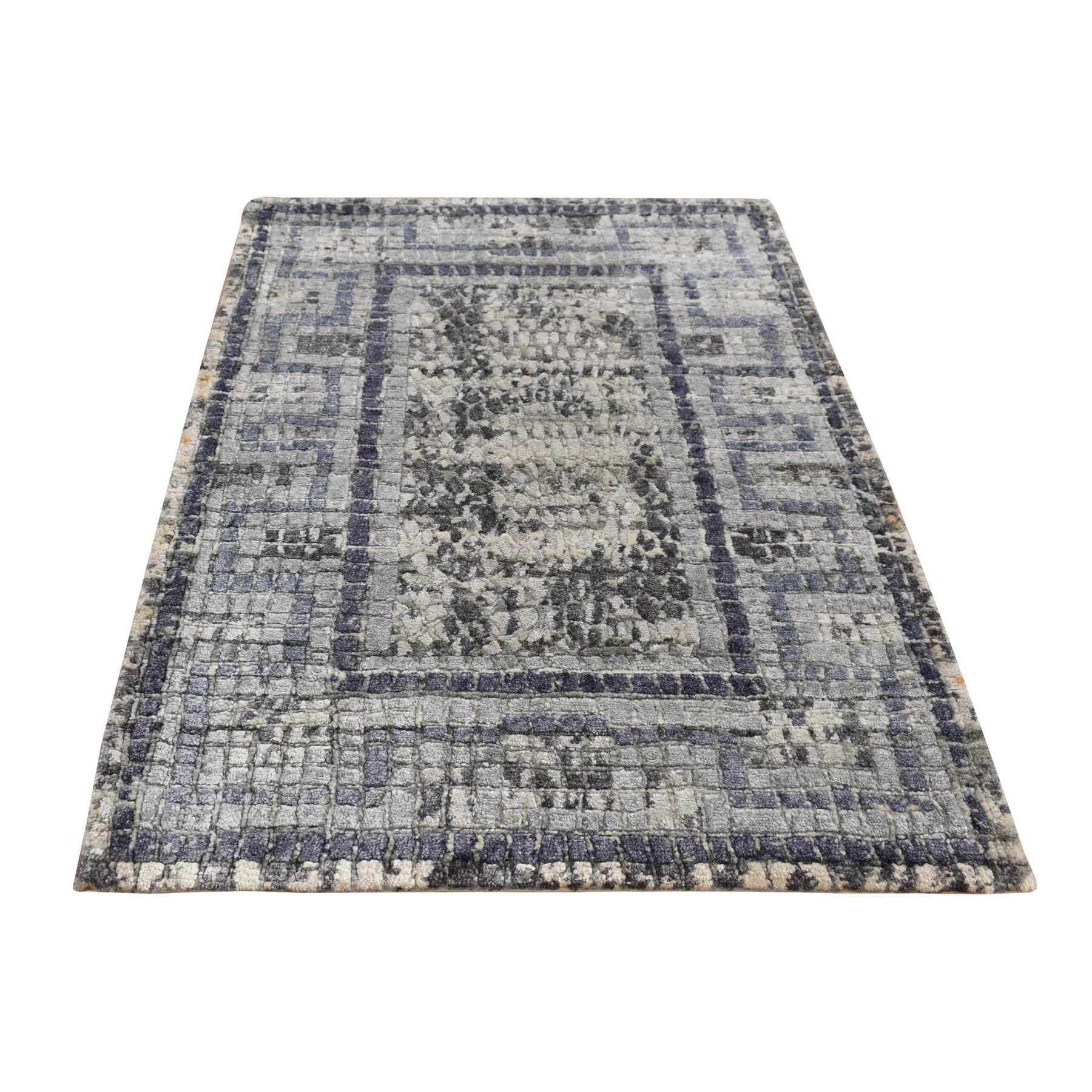 2'3"x3'2" Cloud Gray, Silken, Roman Mosaic Design, Hand Knotted, Sample Oriental Rug HR87805