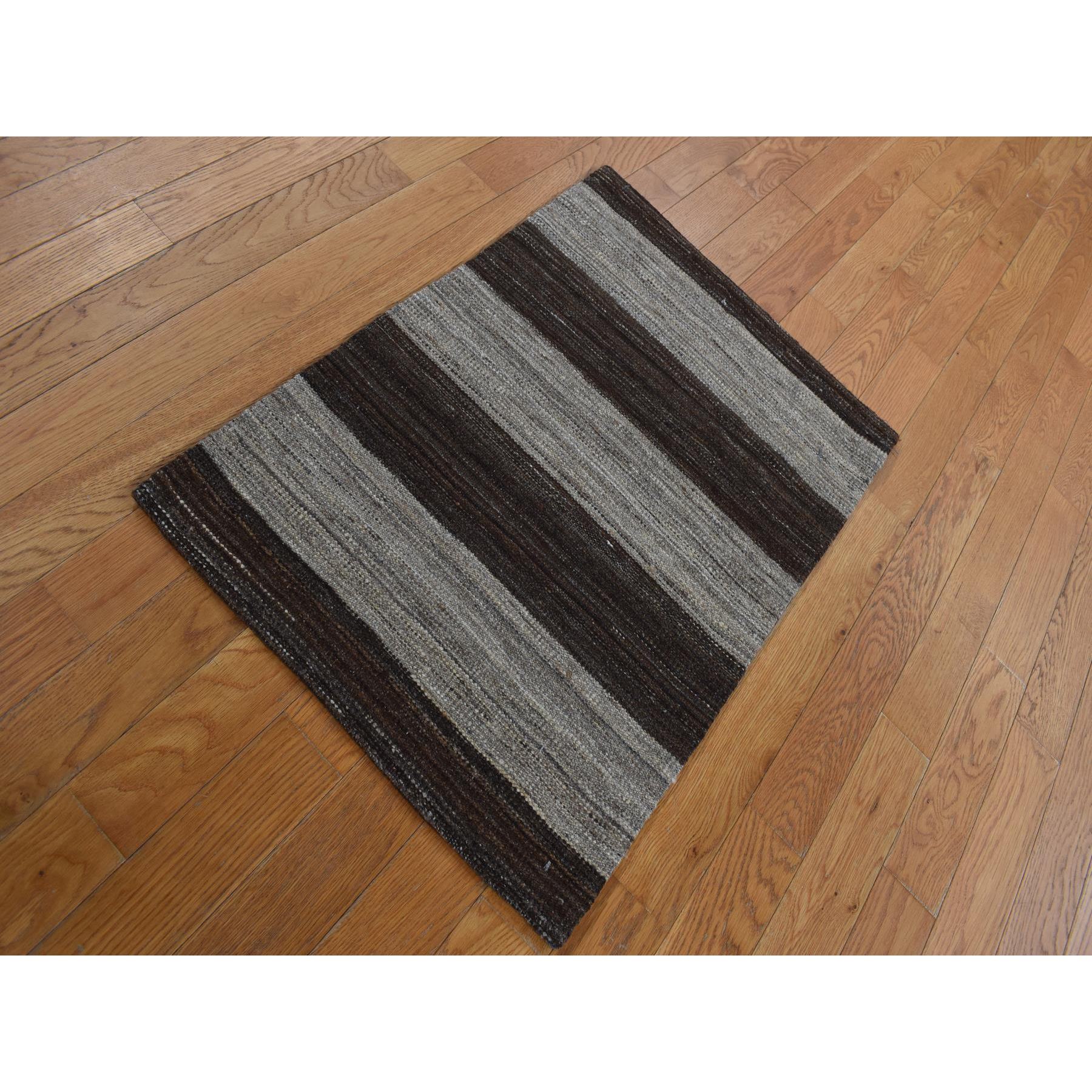 2'x3' Taupe Brown, Natural Wool, Hand Woven, Undyed Flat Weave Kilim, Wide Stripe Design, Sample Oriental Rug HR87814 - Image 2