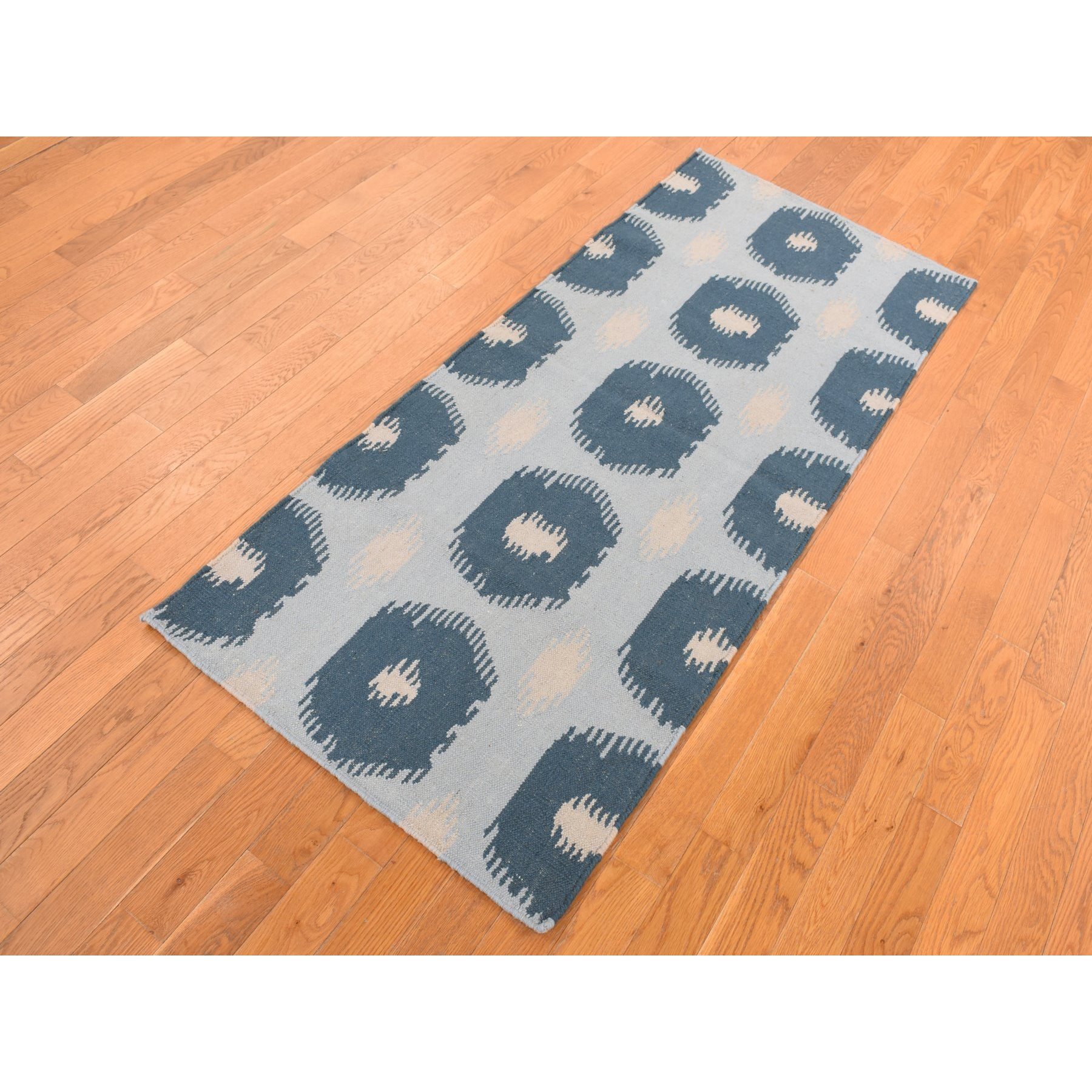 2'7"x6'1" Marian Blue, Hand Knotted, Durie Modern Design, Flat Weave, 100% Wool, Runner Oriental Rug HR87863 - Image 2