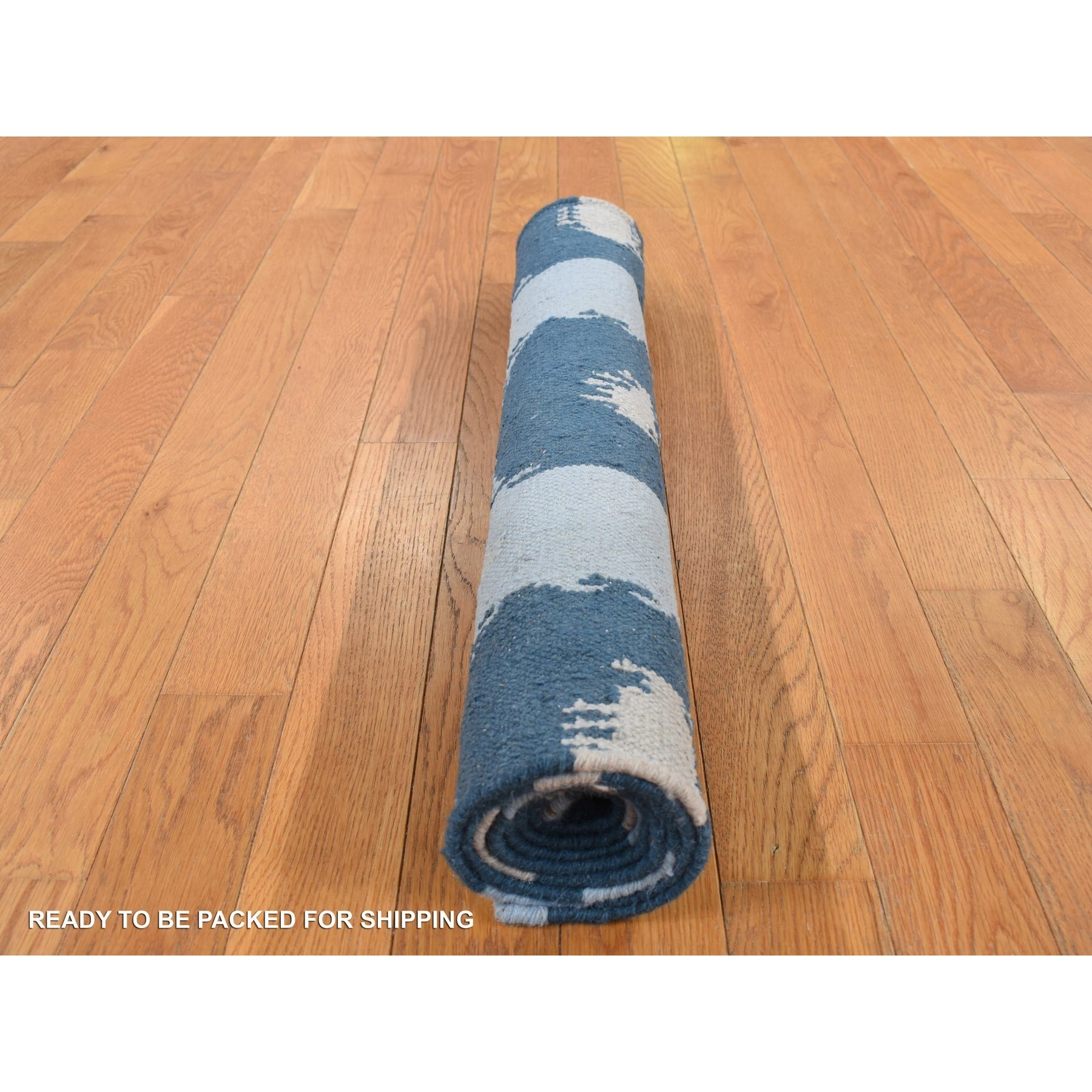 2'7"x6'1" Marian Blue, Hand Knotted, Durie Modern Design, Flat Weave, 100% Wool, Runner Oriental Rug HR87863 - Image 6