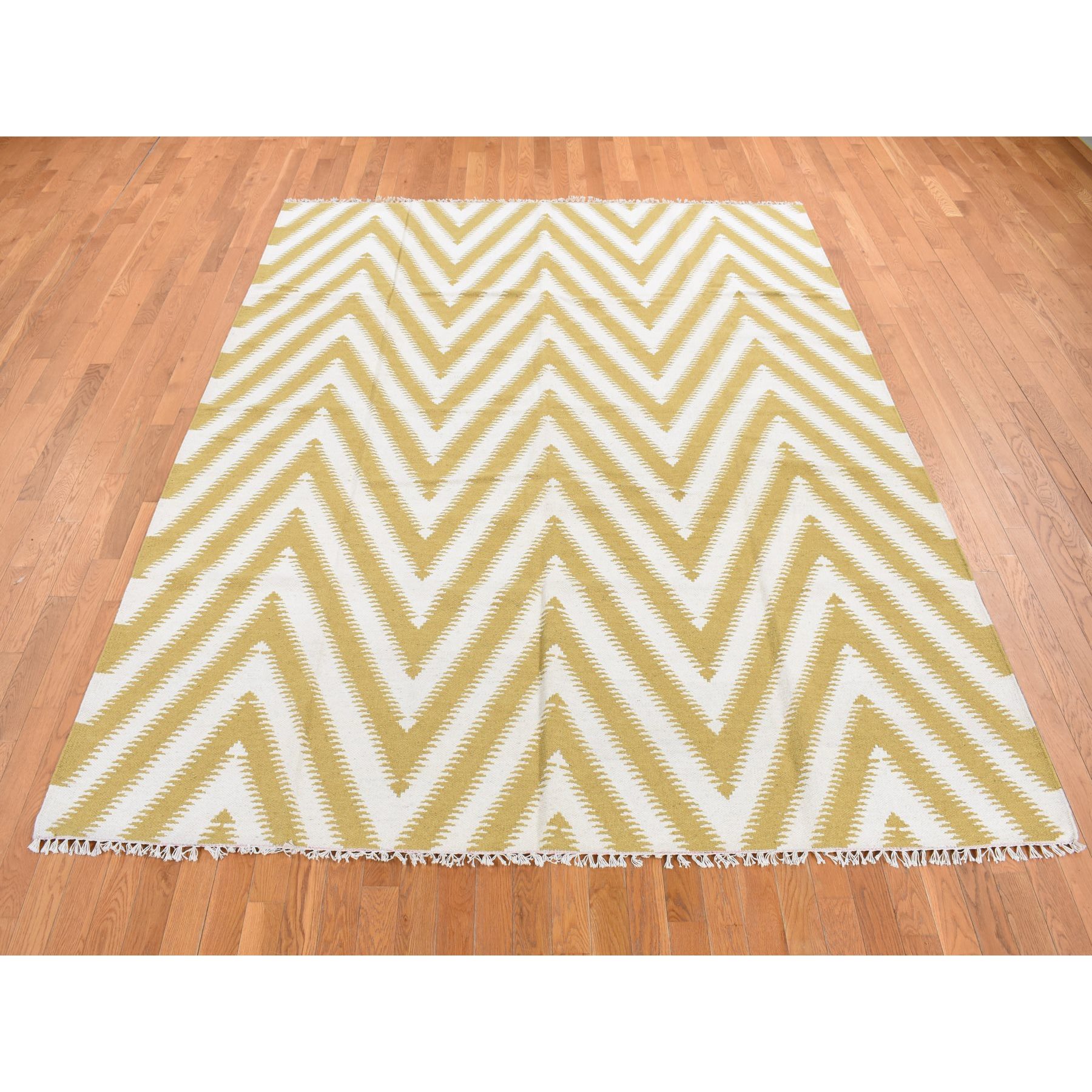 8'x10' Trombone Yellow, Flat Weave Kilim, Chevron Design, Hand Woven, Pure Wool, Oriental Rug HR87882 - Image 3