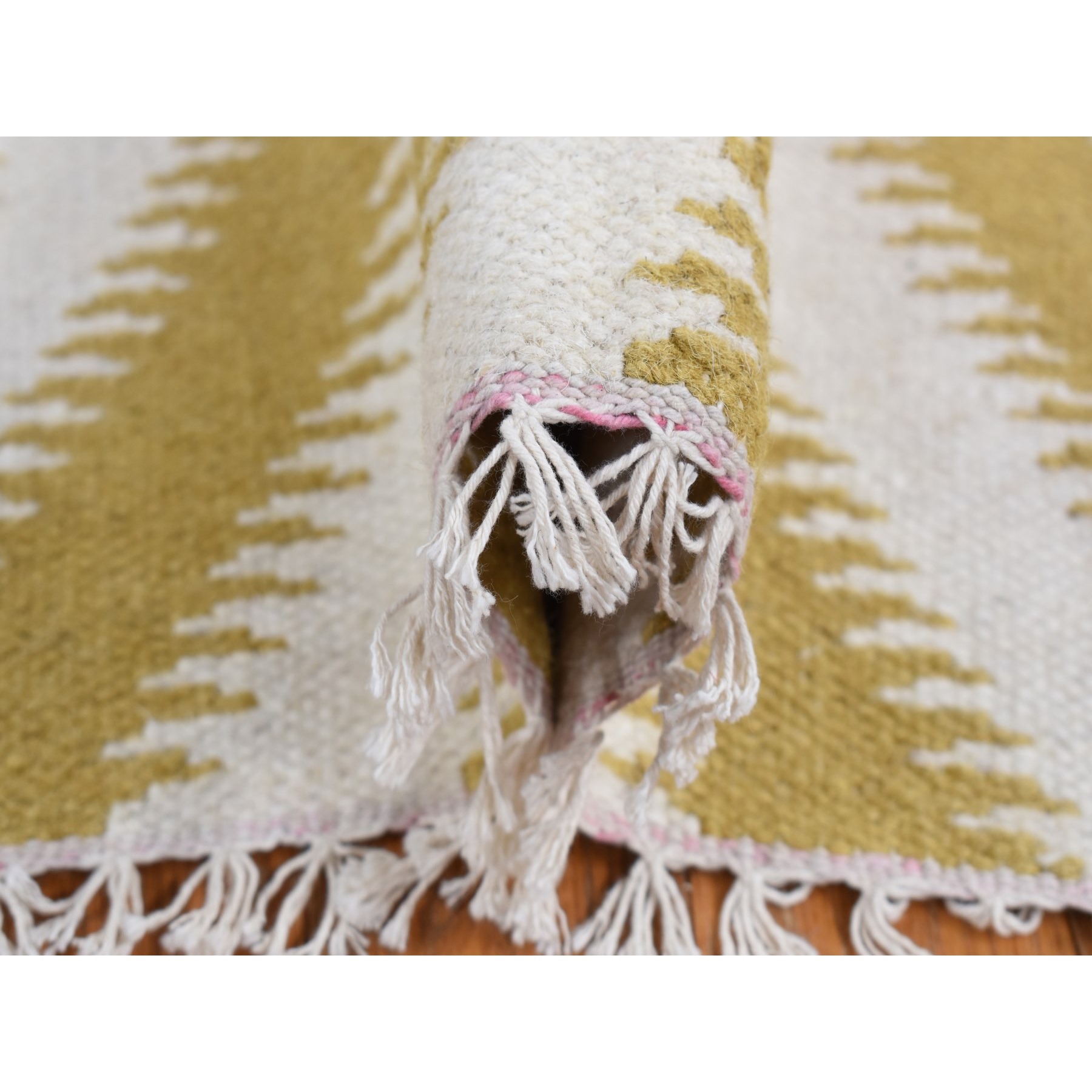 8'x10' Trombone Yellow, Flat Weave Kilim, Chevron Design, Hand Woven, Pure Wool, Oriental Rug HR87882 - Image 7