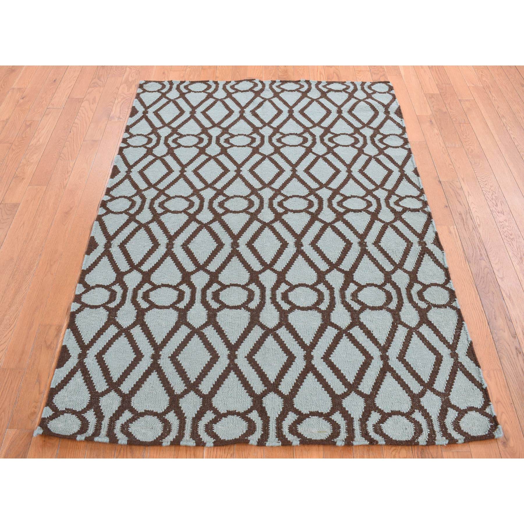 4'3"x5'10" Turquoise Green, 100% Wool, Hand Woven, Flat Weave Kilim, Geometric Design, Reversible Oriental Rug HR87901 - Image 2
