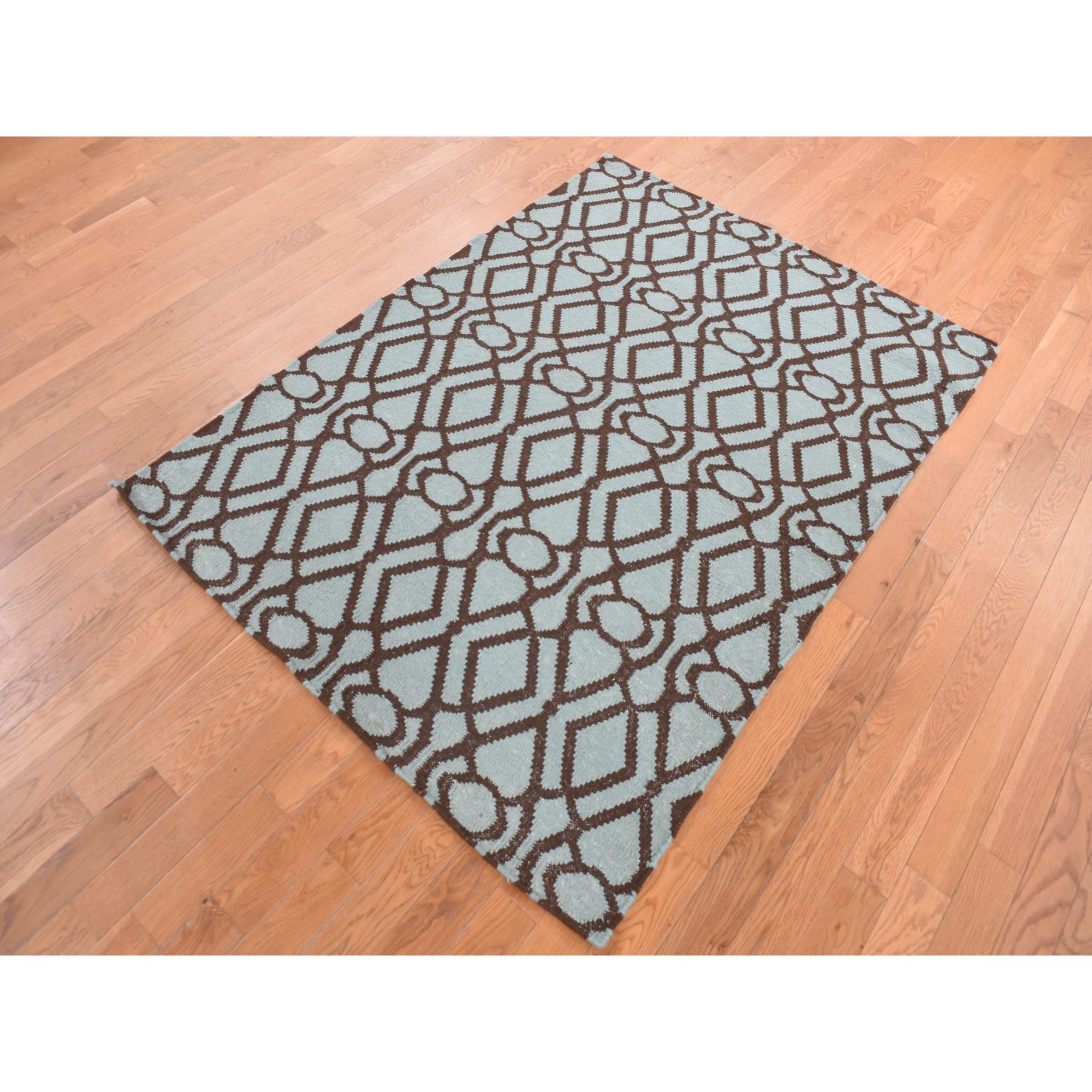 4'3"x5'10" Turquoise Green, 100% Wool, Hand Woven, Flat Weave Kilim, Geometric Design, Reversible Oriental Rug HR87901 - Image 3