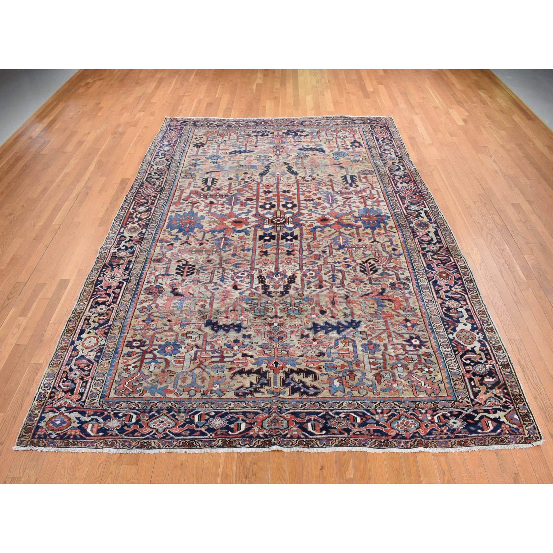 9'3"x12'4" Beige, Antique Persian Heriz with All Over Design, Pure Wool, Good Condition, Hand Knotted, Clean, Sides and Ends Professionally Secured, Oriental Rug HR87918 - Image 3