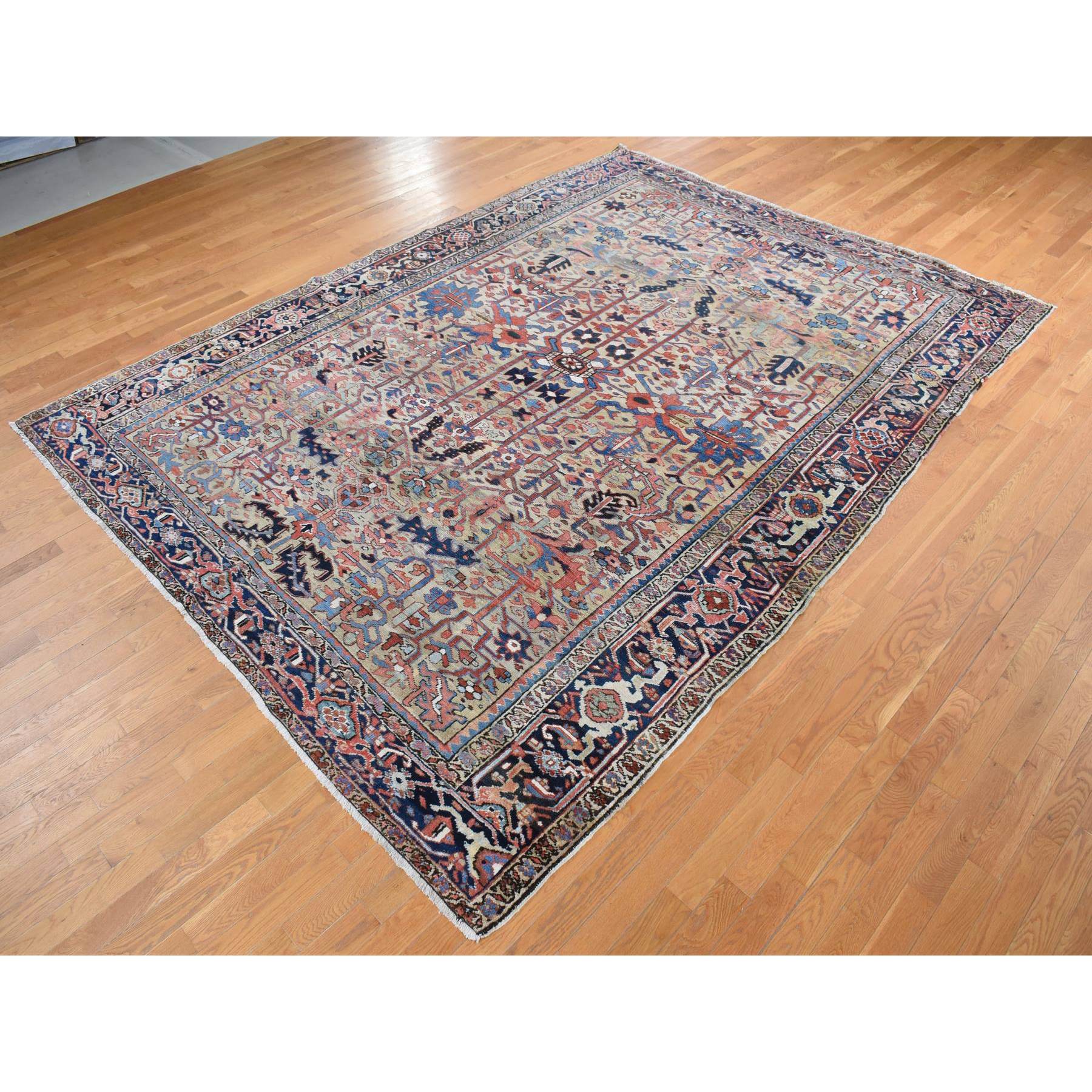 9'3"x12'4" Beige, Antique Persian Heriz with All Over Design, Pure Wool, Good Condition, Hand Knotted, Clean, Sides and Ends Professionally Secured, Oriental Rug HR87918 - Image 4