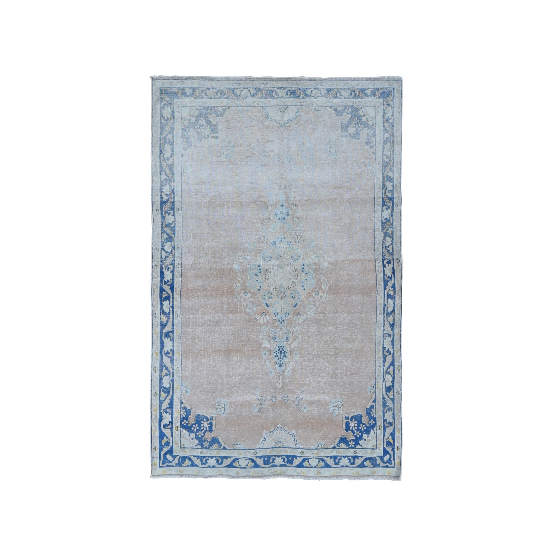 4'7"x7'6" Champagne Pink, Worn Wool, Hand Knotted, White Wash Vintage Kerman, Worn Pile, Distressed, Oriental Rug HR87930