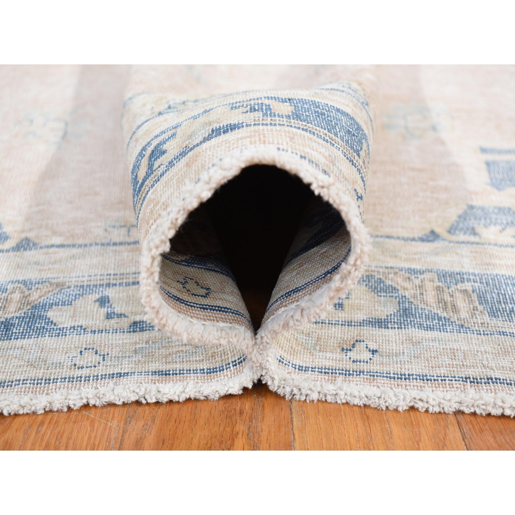 4'7"x7'6" Champagne Pink, Worn Wool, Hand Knotted, White Wash Vintage Kerman, Worn Pile, Distressed, Oriental Rug HR87930 - Image 6