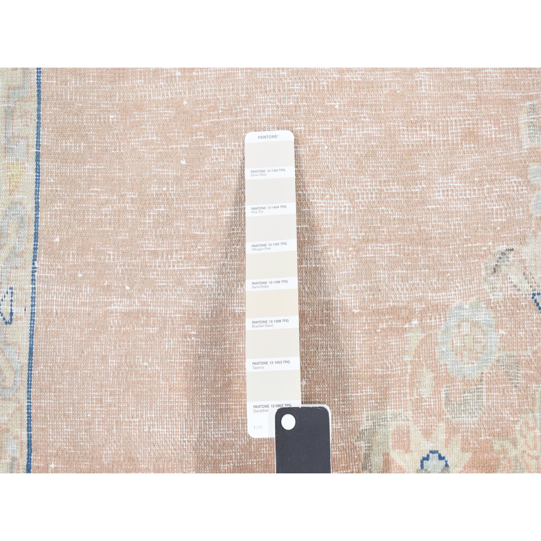 4'7"x7'6" Champagne Pink, Worn Wool, Hand Knotted, White Wash Vintage Kerman, Worn Pile, Distressed, Oriental Rug HR87930 - Image 7