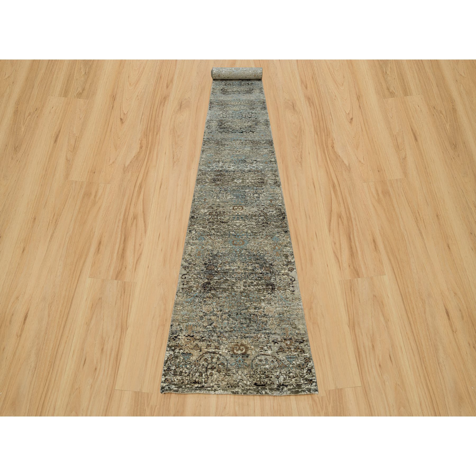 2'8"x23'10" Cobblestone Gray, Hand Knotted Transitional Persian Influence Erased Medallion Design, Silk with Textured Wool, Oriental XL Runner Rug HR90239 - Image 2