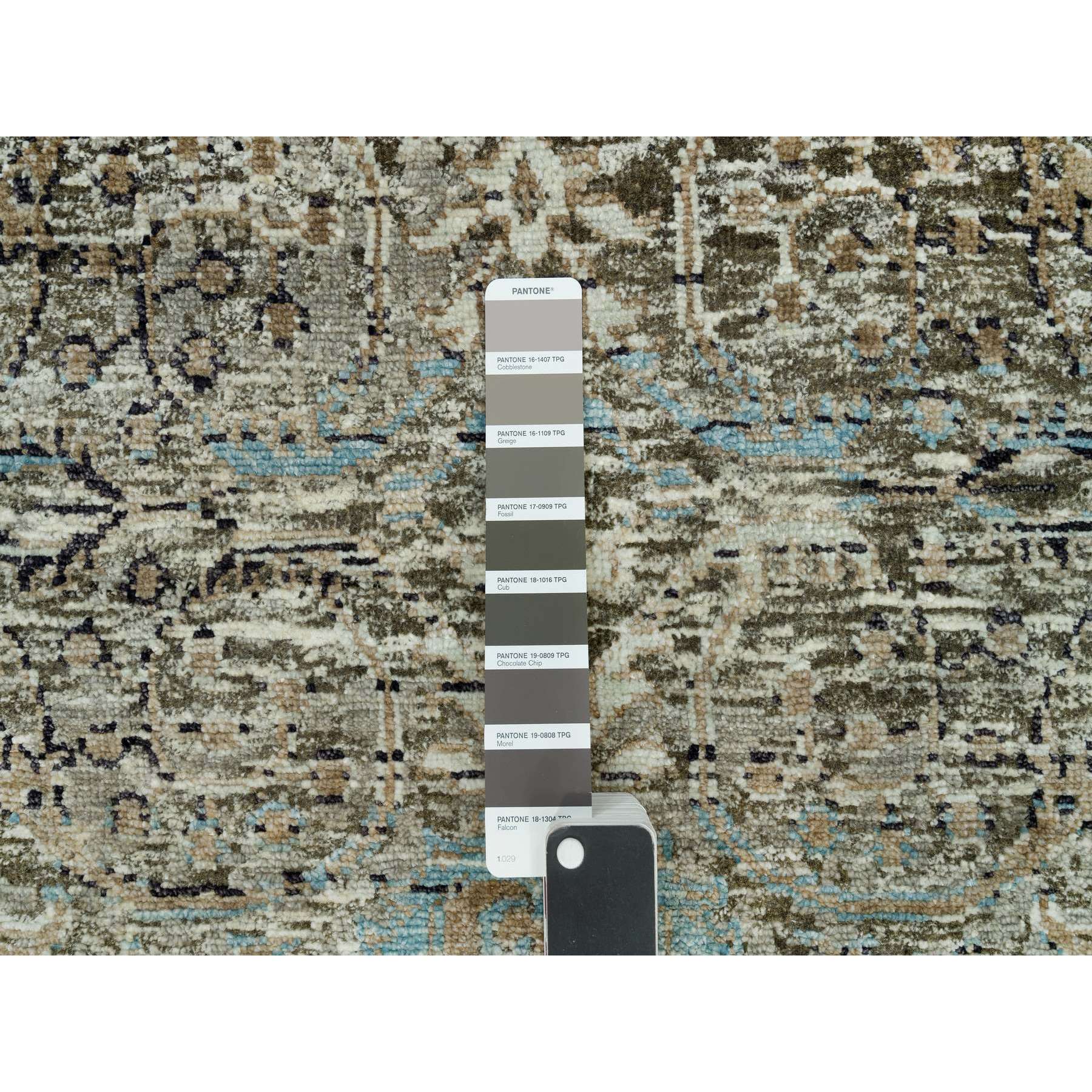 2'8"x23'10" Cobblestone Gray, Hand Knotted Transitional Persian Influence Erased Medallion Design, Silk with Textured Wool, Oriental XL Runner Rug HR90239 - Image 4