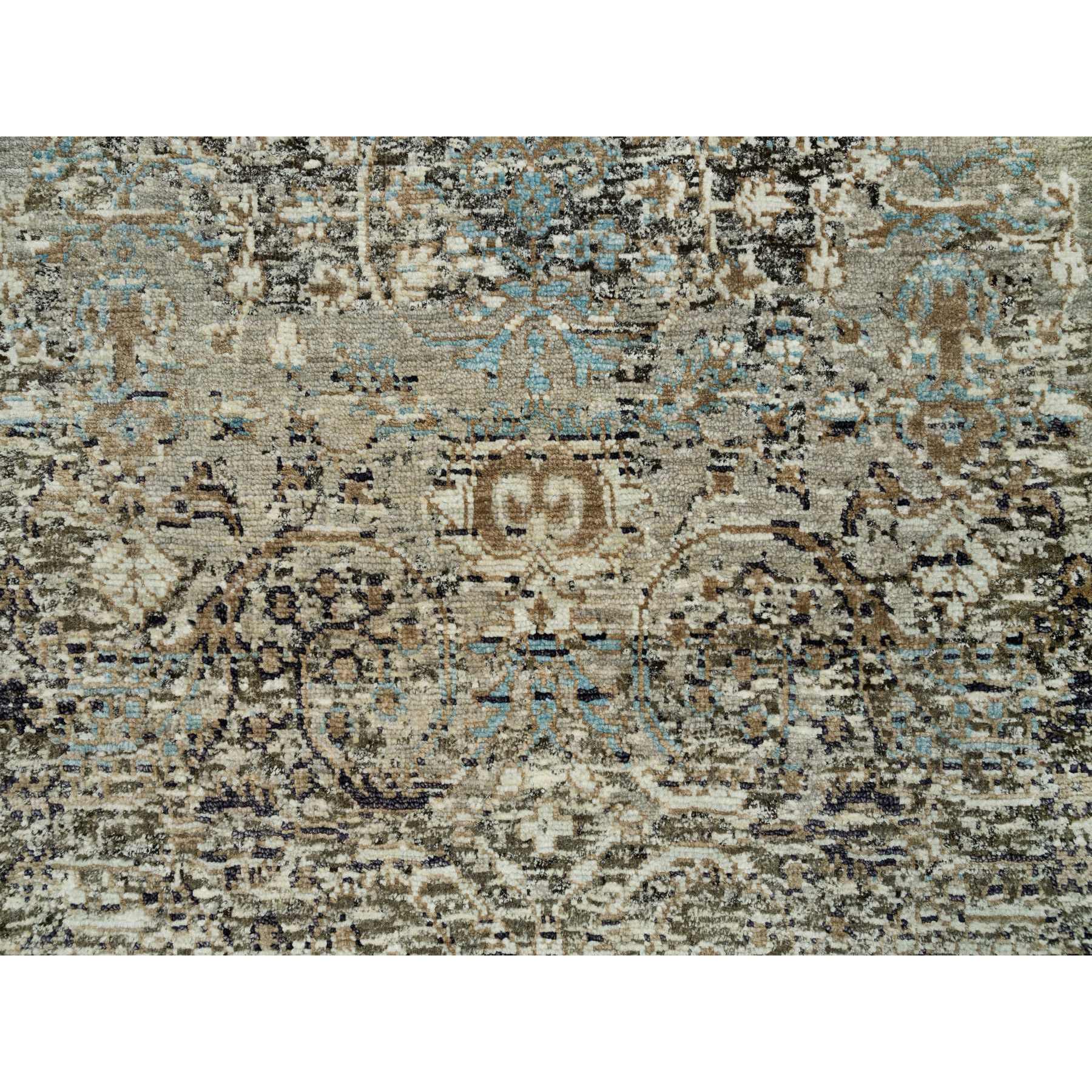2'8"x23'10" Cobblestone Gray, Hand Knotted Transitional Persian Influence Erased Medallion Design, Silk with Textured Wool, Oriental XL Runner Rug HR90239 - Image 5