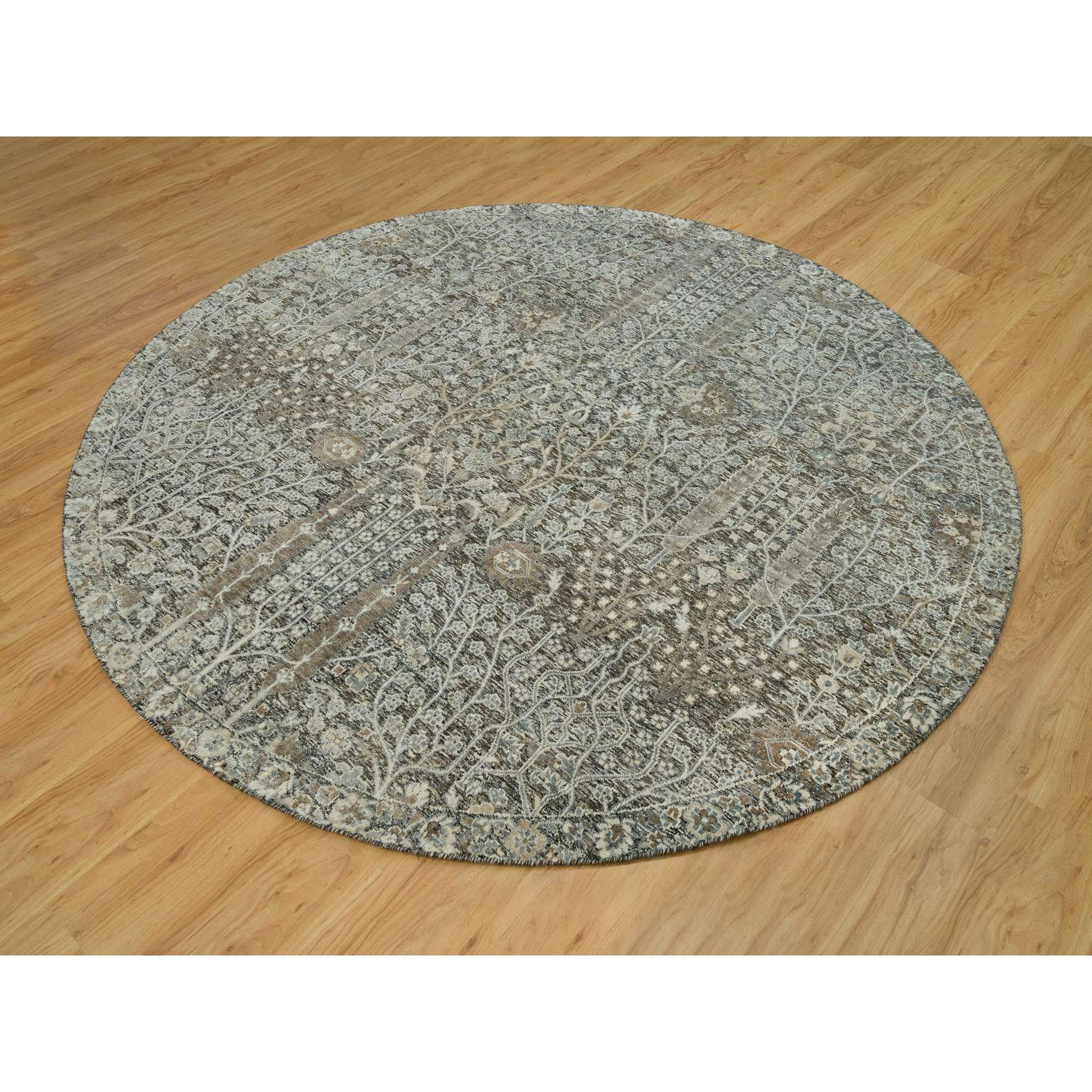 8'x8' Shades On Gray, Willow And Cypress Tree Design Silk With Textured Wool Hand-Knotted Round Oriental Rug HR90246 - Image 3