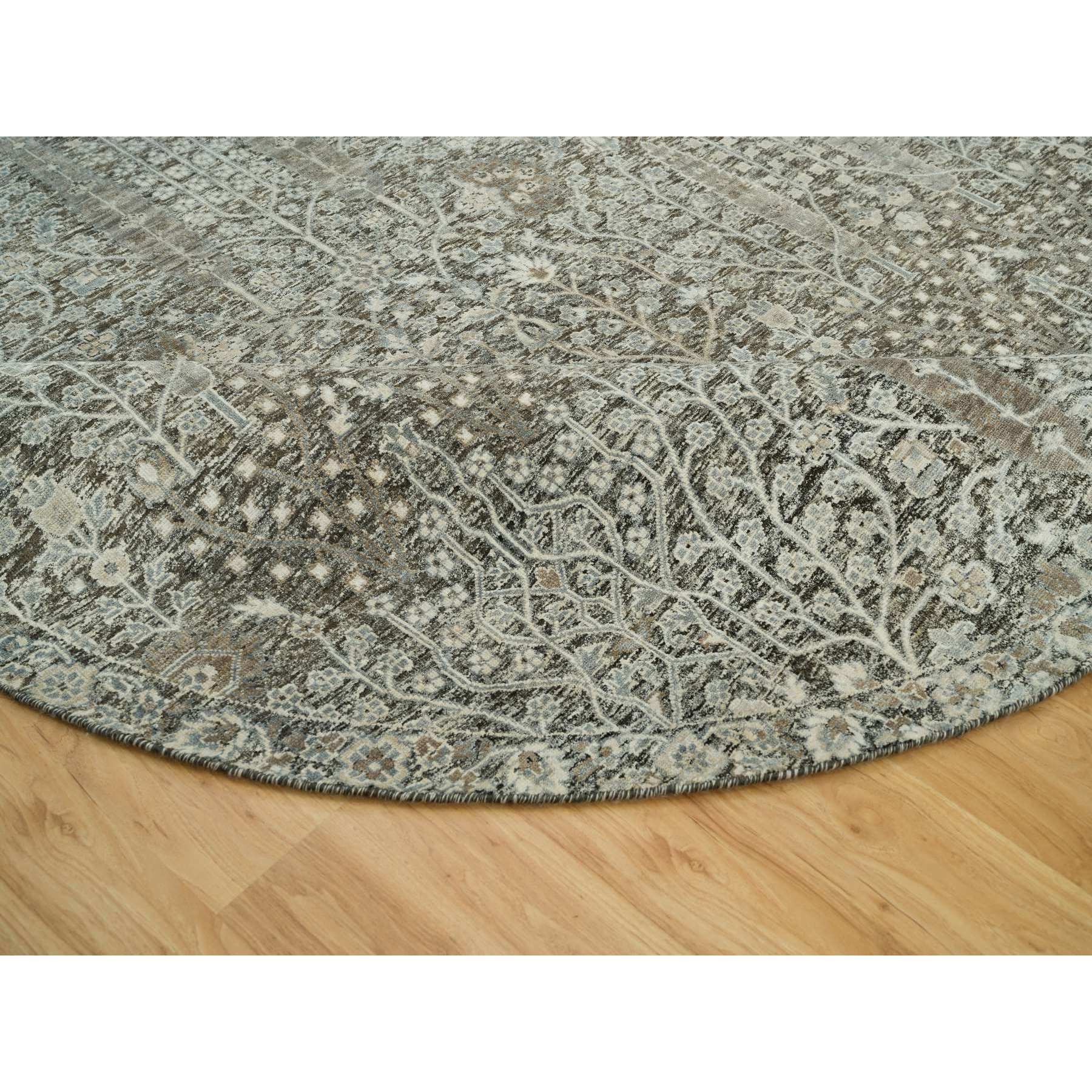 8'x8' Shades On Gray, Willow And Cypress Tree Design Silk With Textured Wool Hand-Knotted Round Oriental Rug HR90246 - Image 6