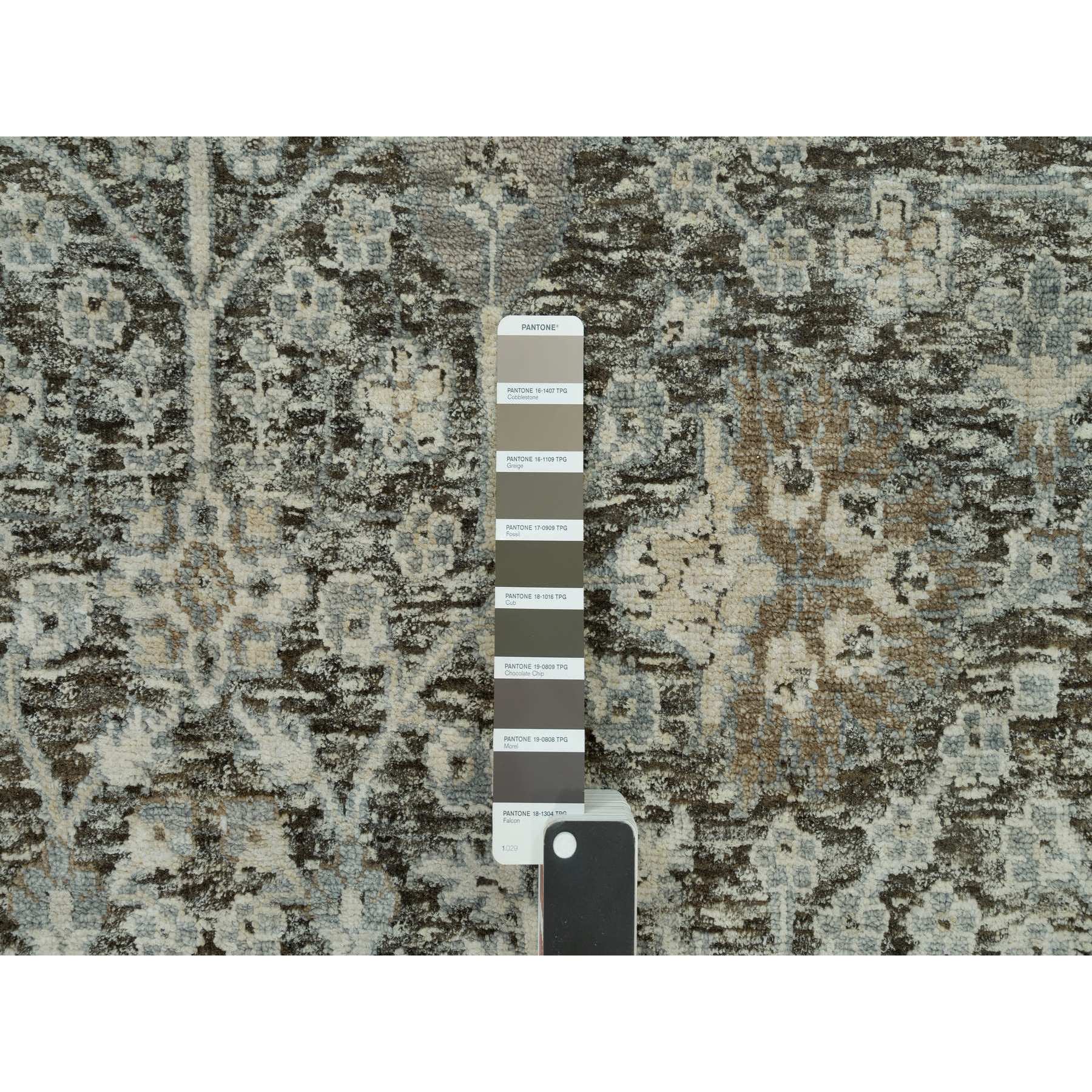 8'x8' Shades On Gray, Willow And Cypress Tree Design Silk With Textured Wool Hand-Knotted Round Oriental Rug HR90246 - Image 7