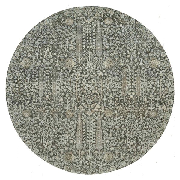 10'x10' Falcon Gray, Silk With Textured Wool Hand Knotted Willow and Cypress Tree Design, Oriental Round Rug HR90247