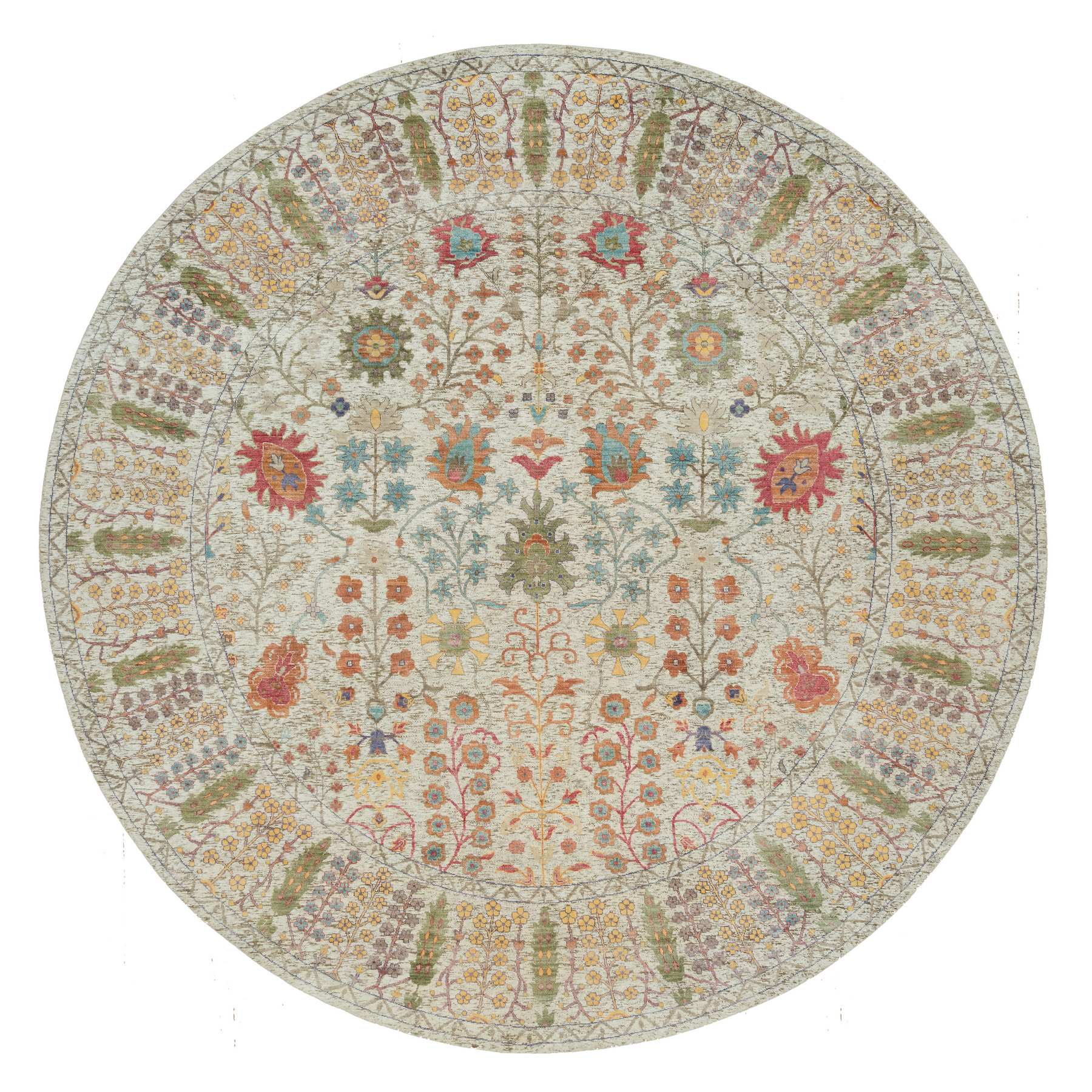 12'x12' Linen Beige, Textured Wool and Silk, Directional Vase Design, Hand Knotted, Oriental Round Rug HR90255
